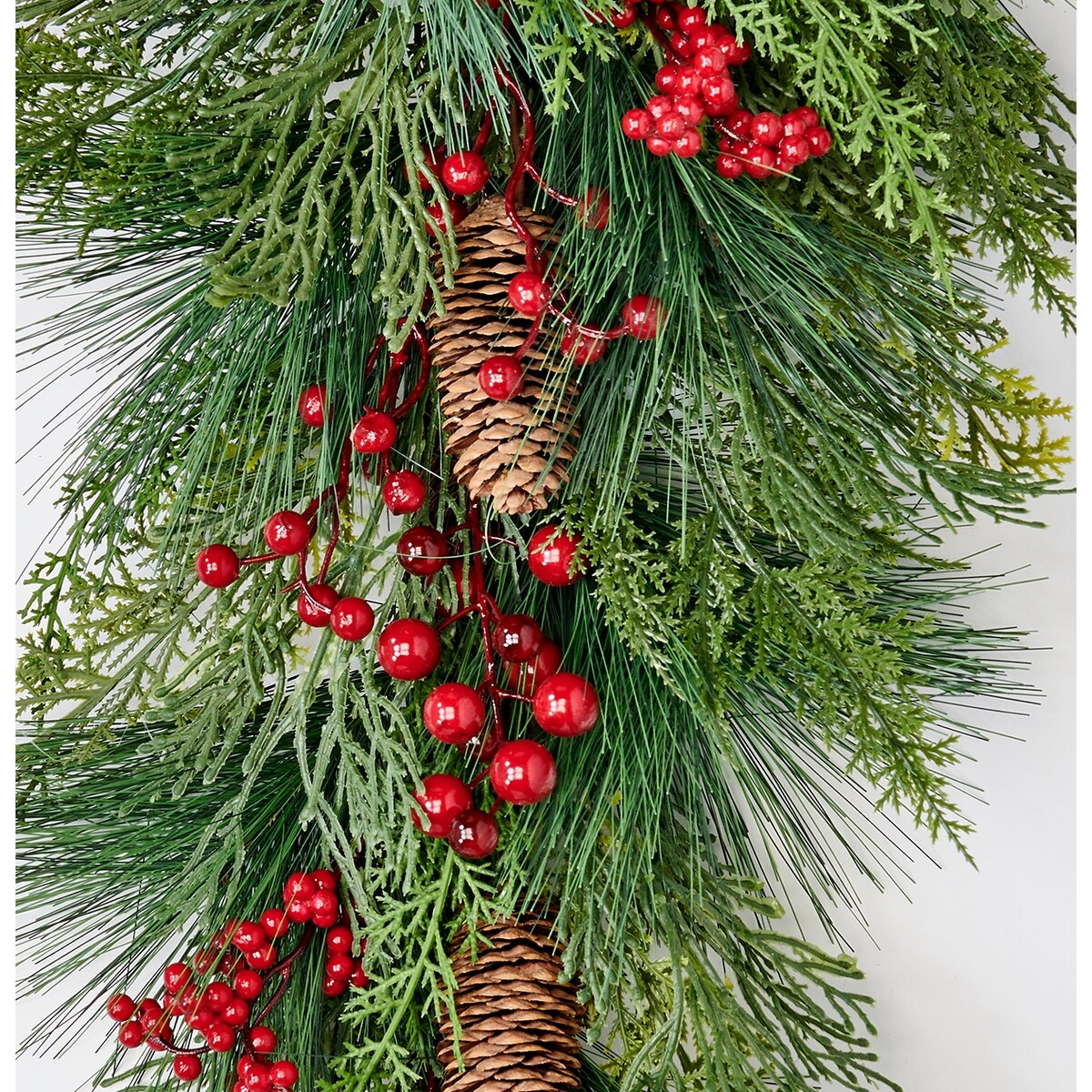 23 Artificial Christmas Mixed Evergreen Pine Teardrop Swag with Red Berries and Pinecones - 23