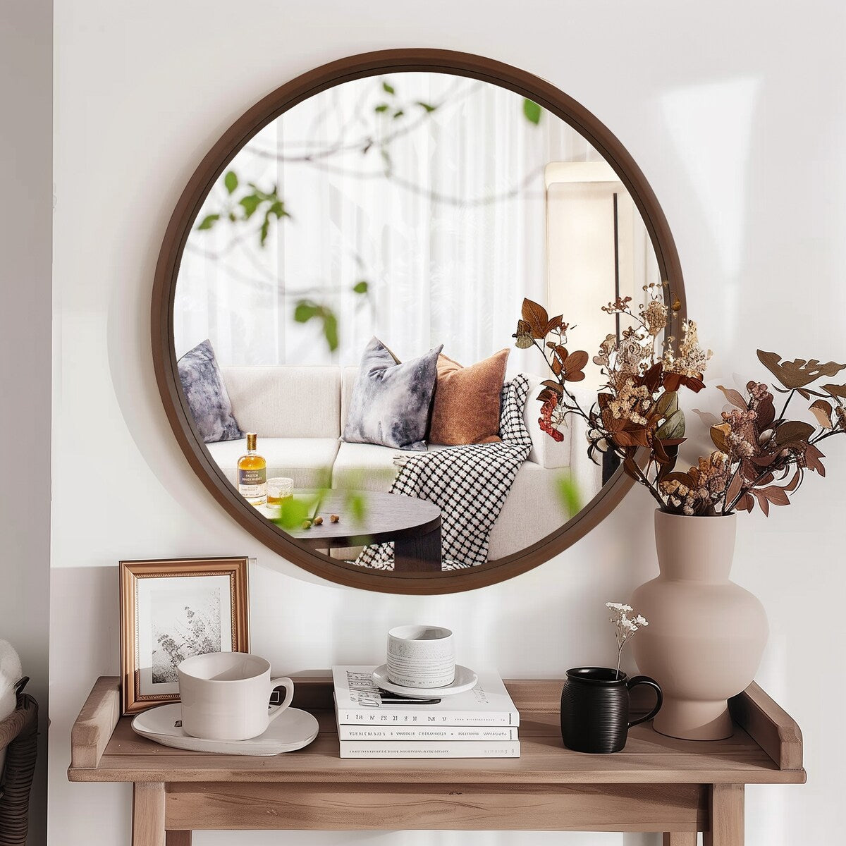 Classic Wooden Frame Farmhouse Round Wall Mirror