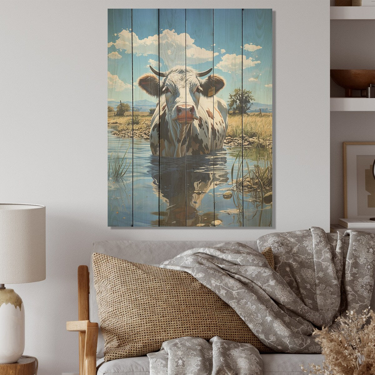 Designart Cow In Tranquil Pasture Cow Wood Wall Decor - Modern Green Wood Panel On Natural Pine Wood