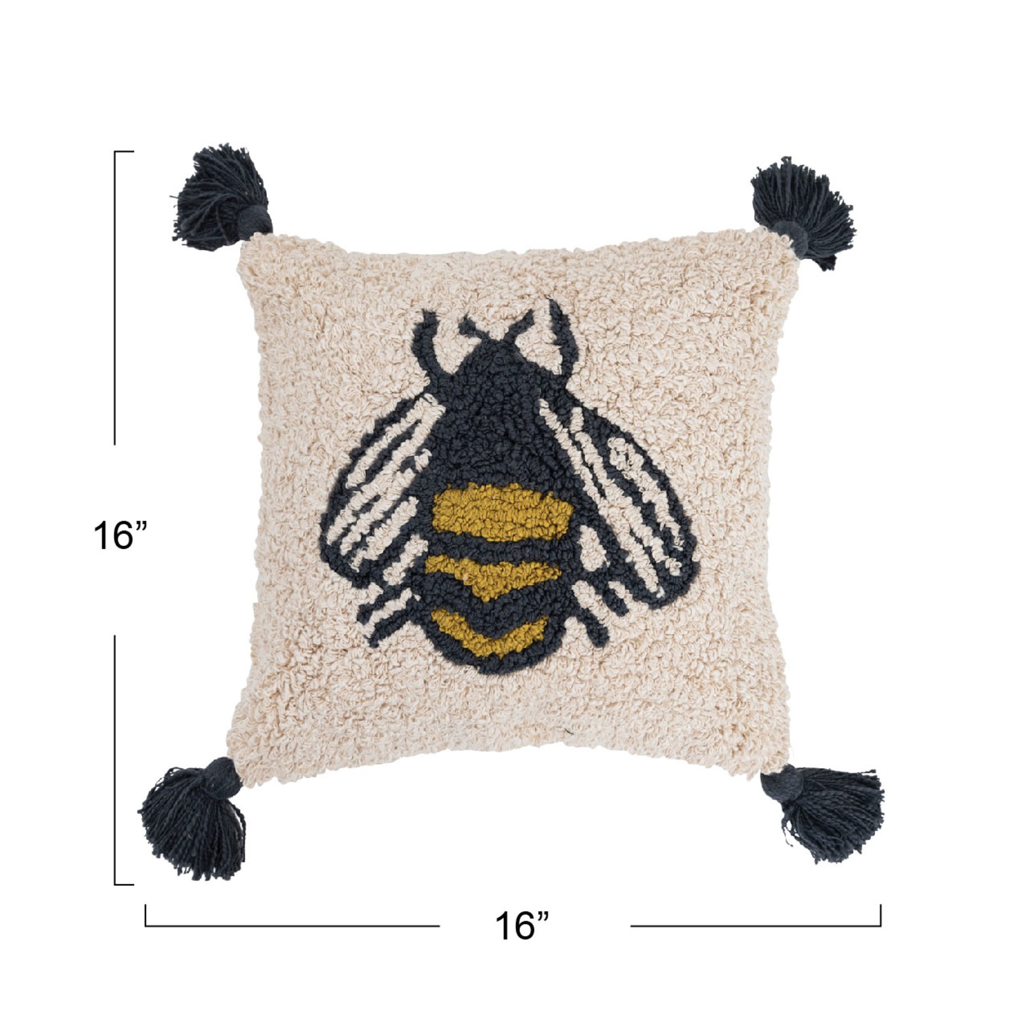 Cotton Punch Hook Pillow with Bee and Tassels