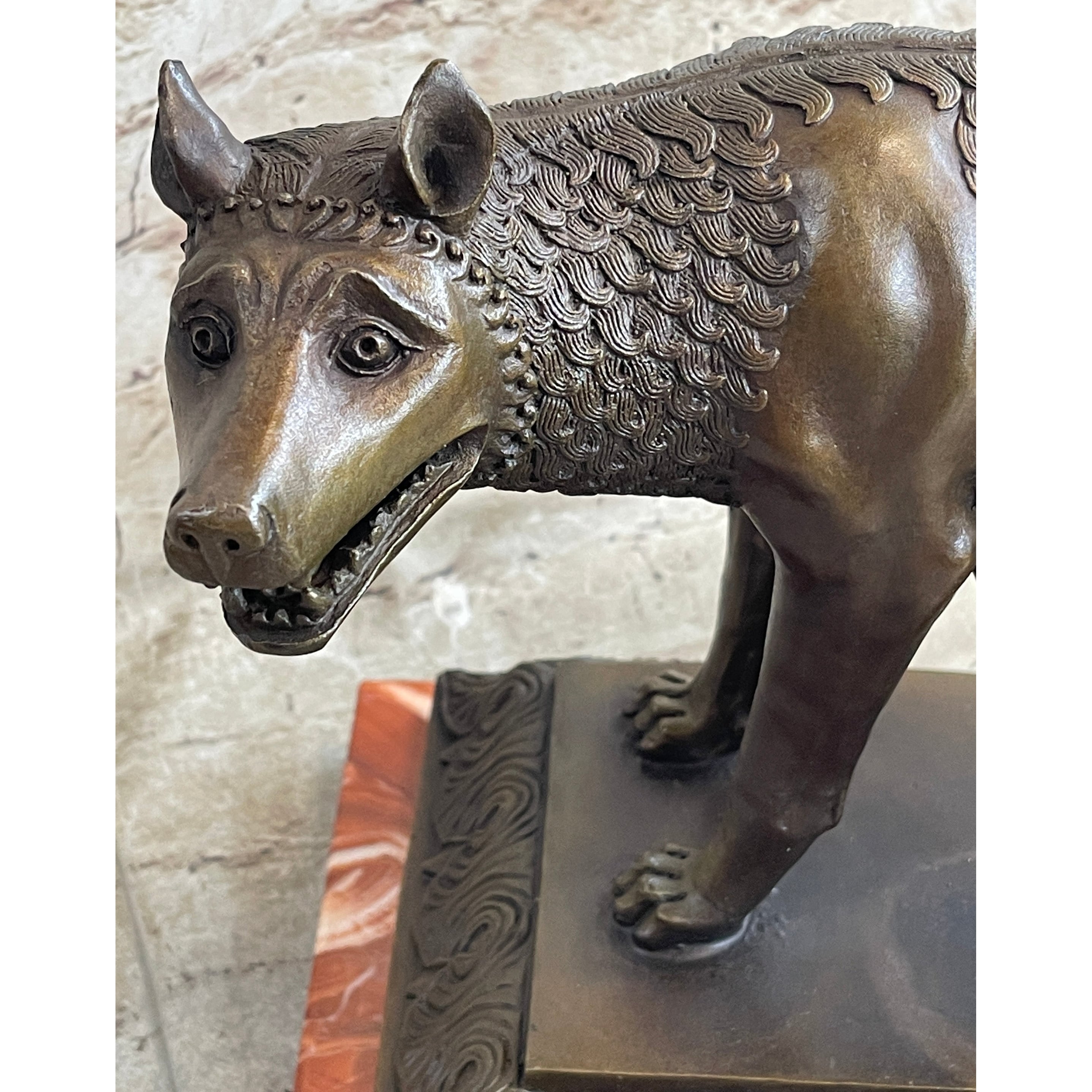 The Capitoline Wolf Romulus Remus Bronze Metal Statue Sculpture On Rose Marble Base 12 Inches X 15 Inches