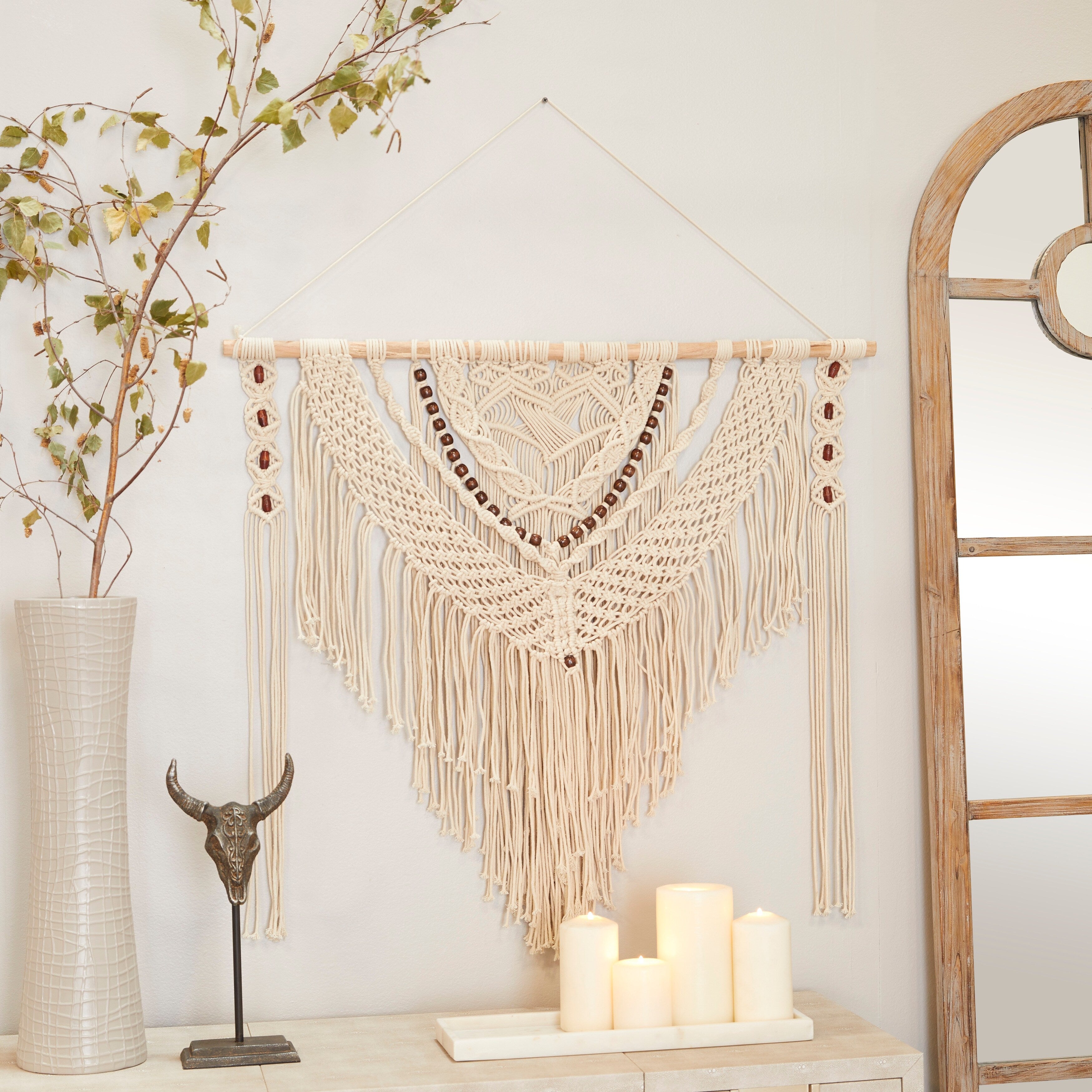 Cotton Handmade Intricately Weaved Macrame Wall Decor with Beaded Fringe Tassels - Gray or Cream