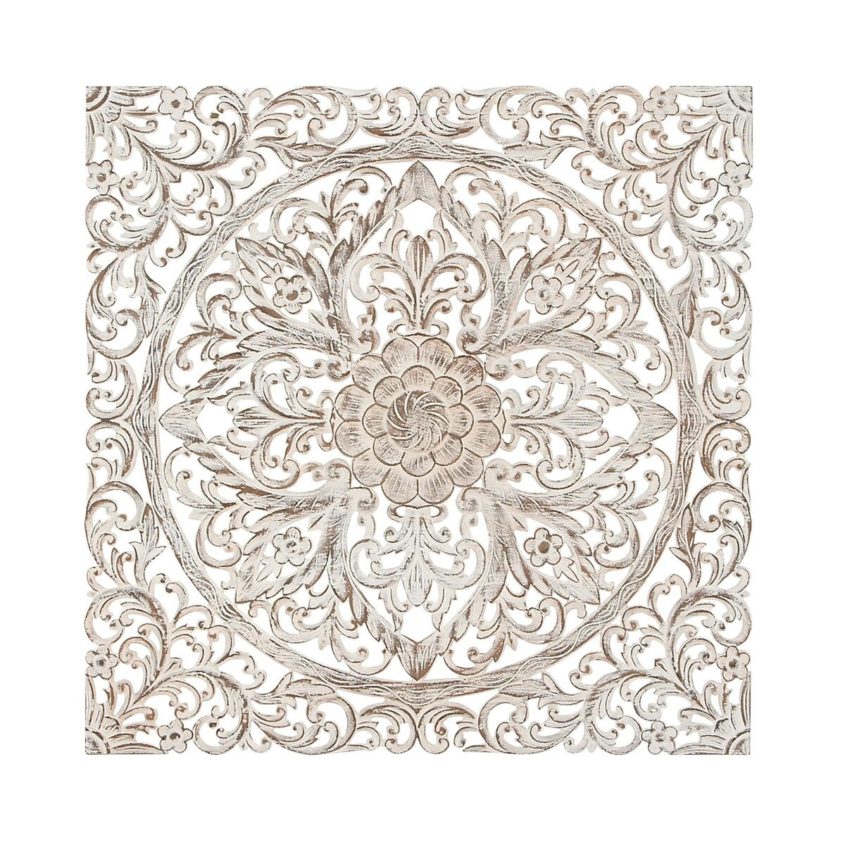 Wood Floral Handmade Intricately Carved Mandala Home Wall Decor with Brown Distressing - White - Roche River Decor