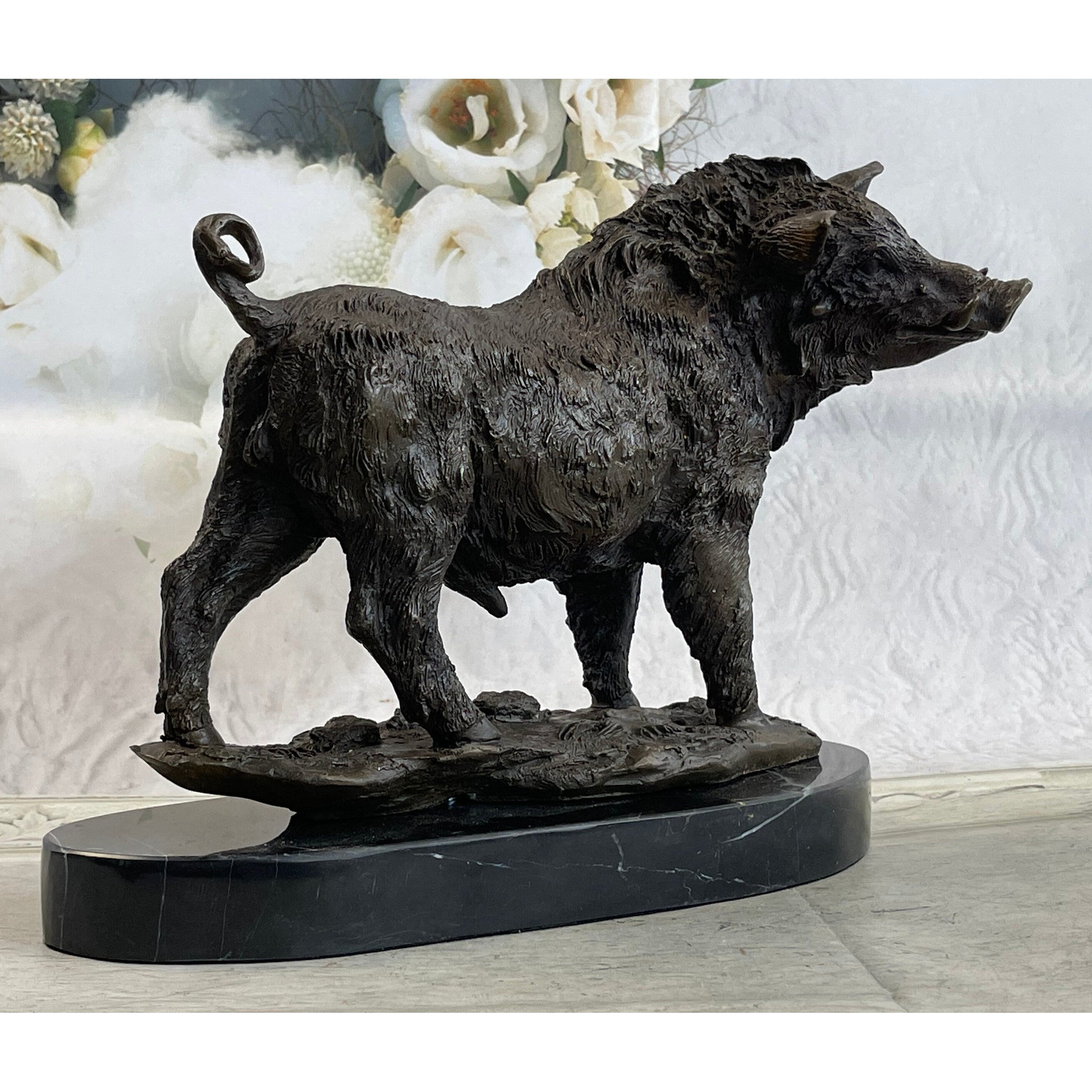 Bronze Sculpture Large Signed Barye Wild Boar Pig Art Deco Marble Figurine Decor