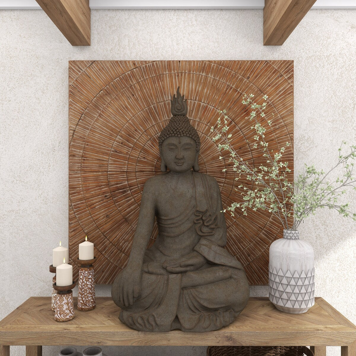 Polystone Buddha Meditating Decorative Sculpture with Engraved Carvings and Relief Detailing - Gray - Roche River Decor