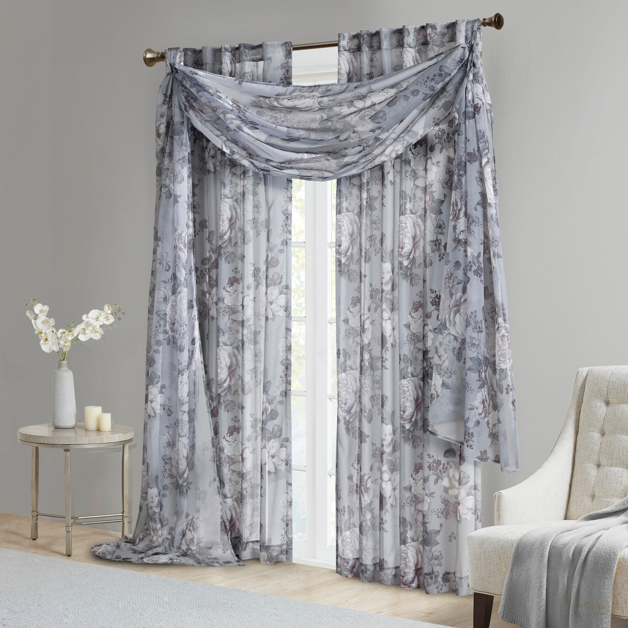 Madison Park Abelia Printed Floral Rod Pocket and Back Tab Voile Sheer Curtain