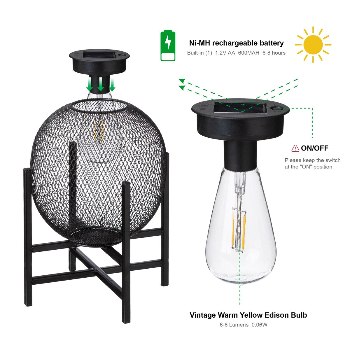 Glitzhome Set of 2 Metal Black Solar Powered Outdoor Lantern with Stand