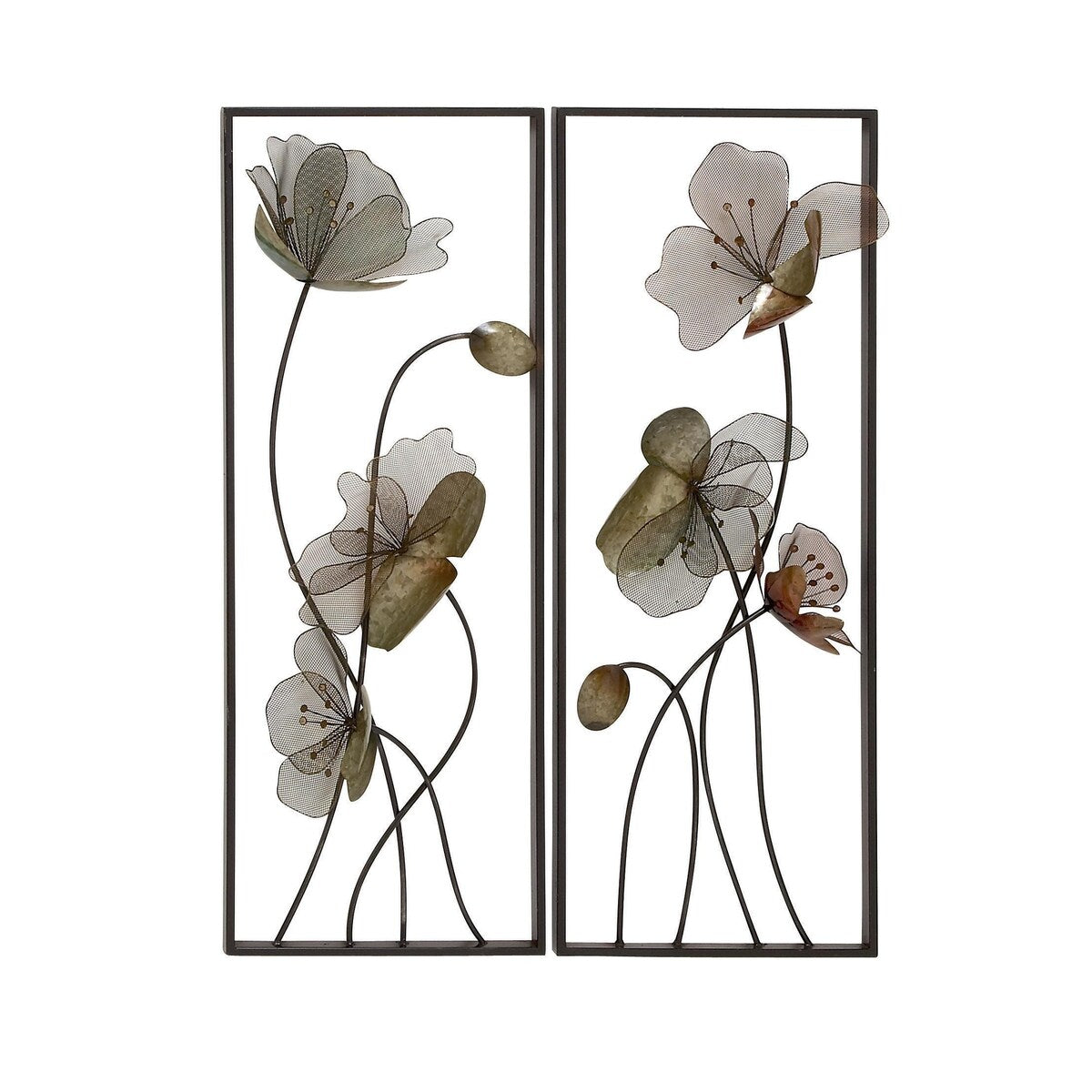 Metal Floral Home Wall Decor with Green and Orange Accents - Set of 2 Black - Roche River Decor