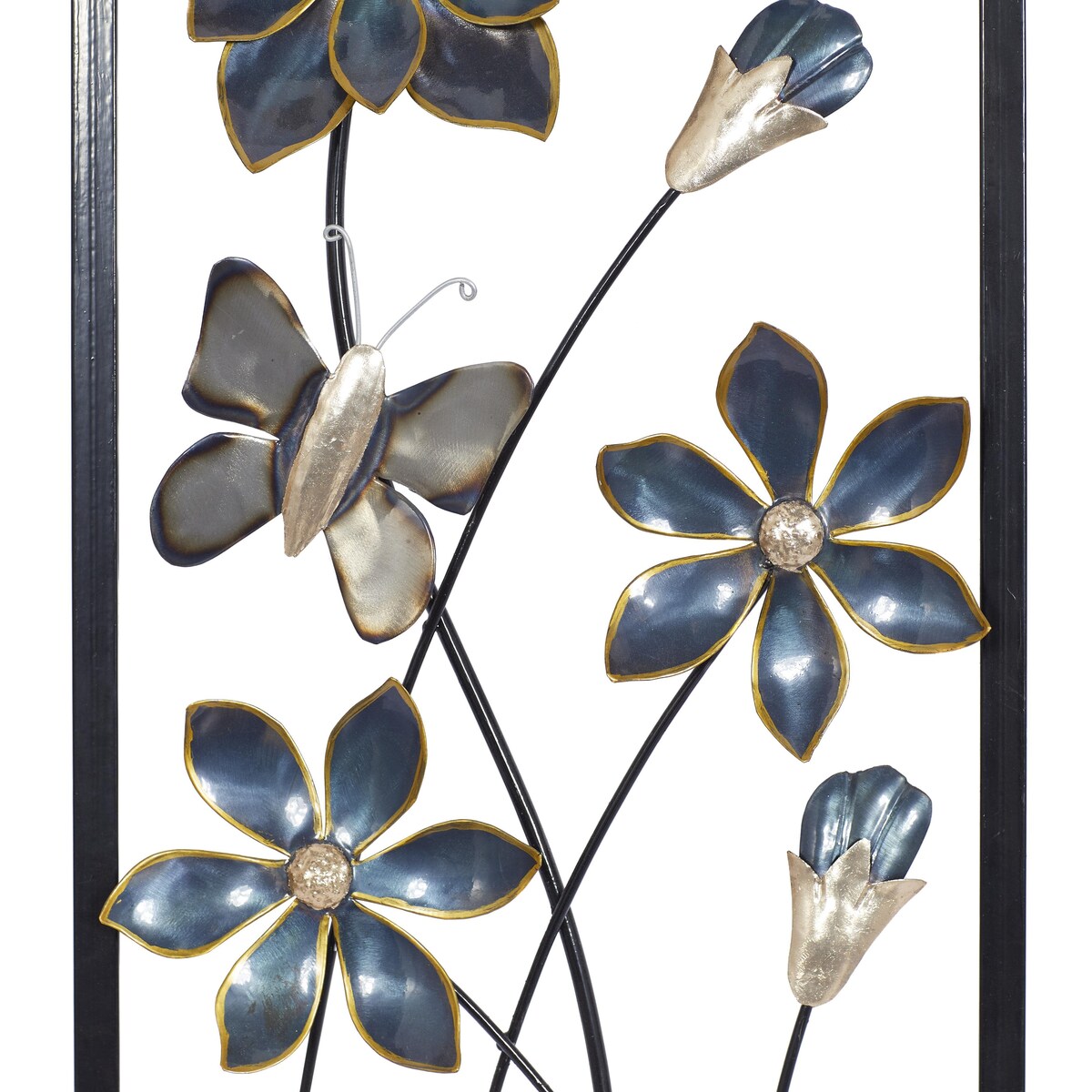 Metal Floral Home Wall Decor with Black Frames and Butterfly Accents - Set of 2 Teal - Roche River Decor