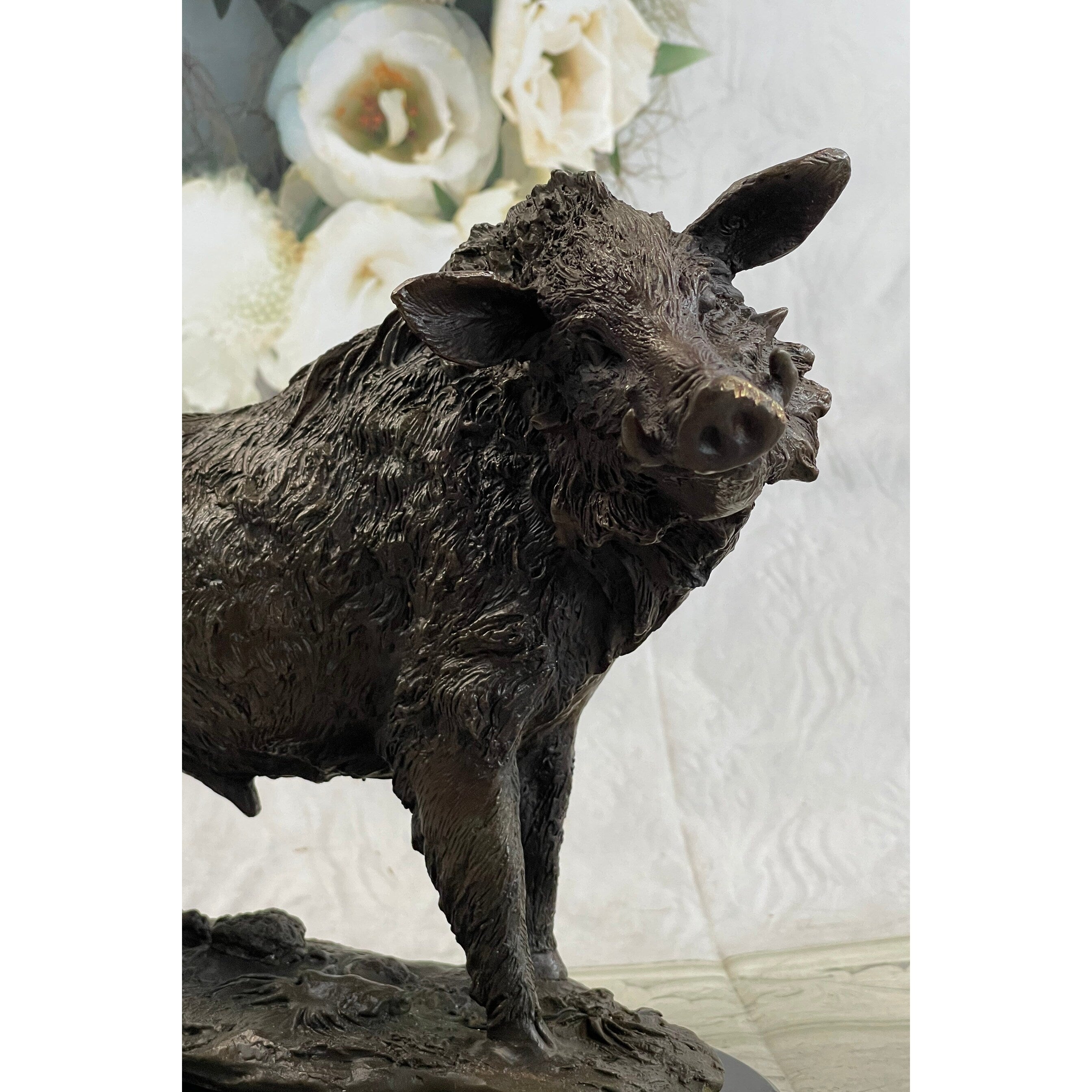 Bronze Sculpture Large Signed Barye Wild Boar Pig Art Deco Marble Figurine Decor