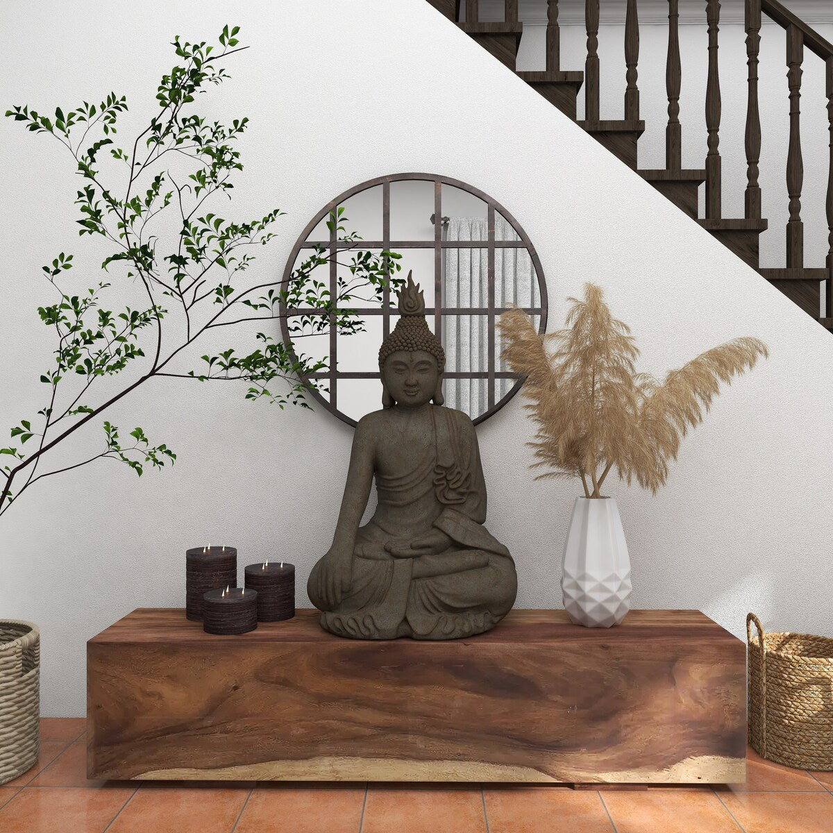 Polystone Buddha Meditating Decorative Sculpture with Engraved Carvings and Relief Detailing - Gray - Roche River Decor