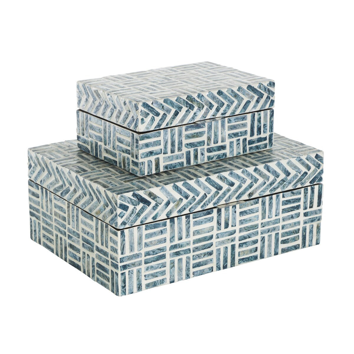 Mother of Pearl Shell Geometric Handmade Mosaic Storage Decorative Box with Cream Underlay - Set of 2 Blue - Roche River Decor