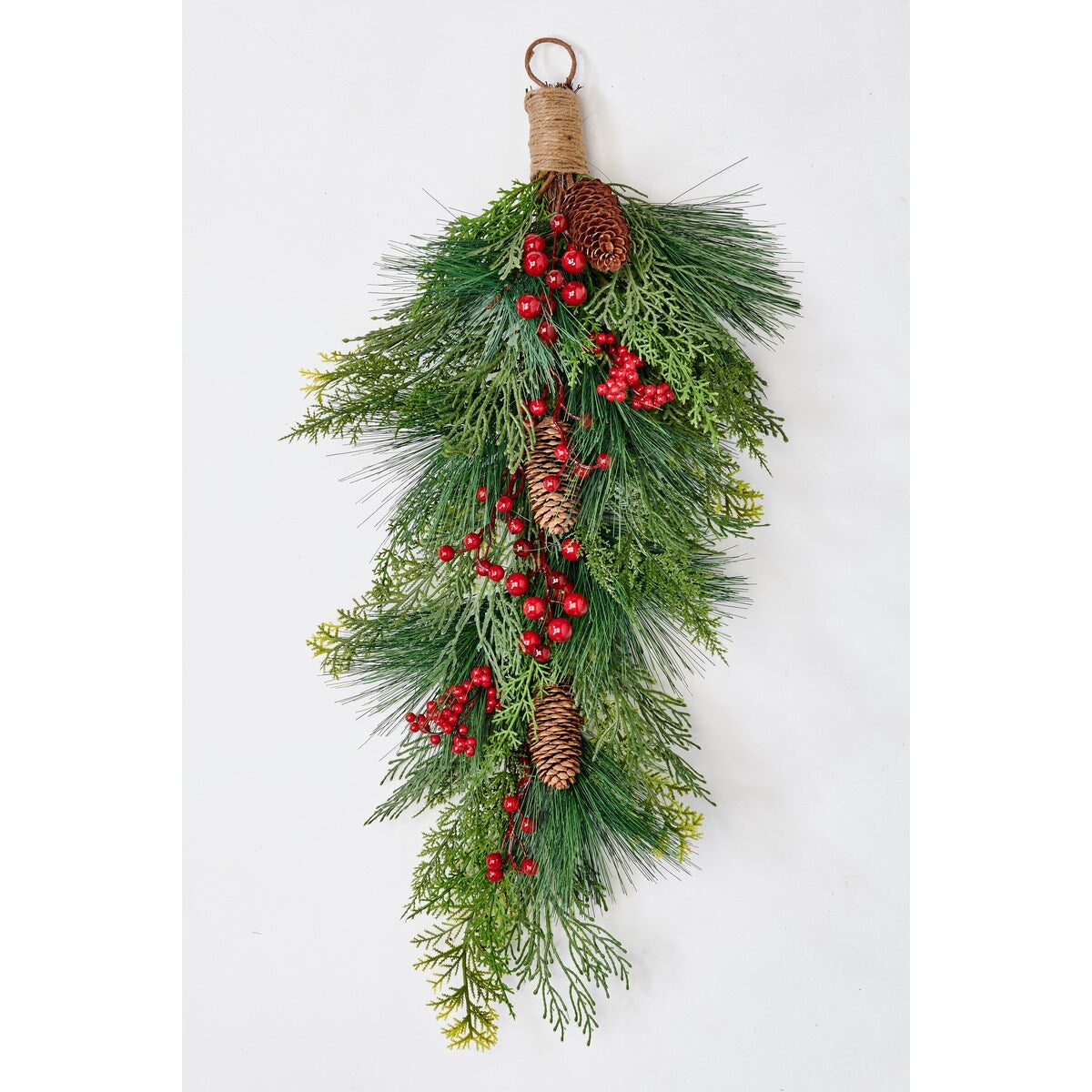 23 Artificial Christmas Mixed Evergreen Pine Teardrop Swag with Red Berries and Pinecones - 23