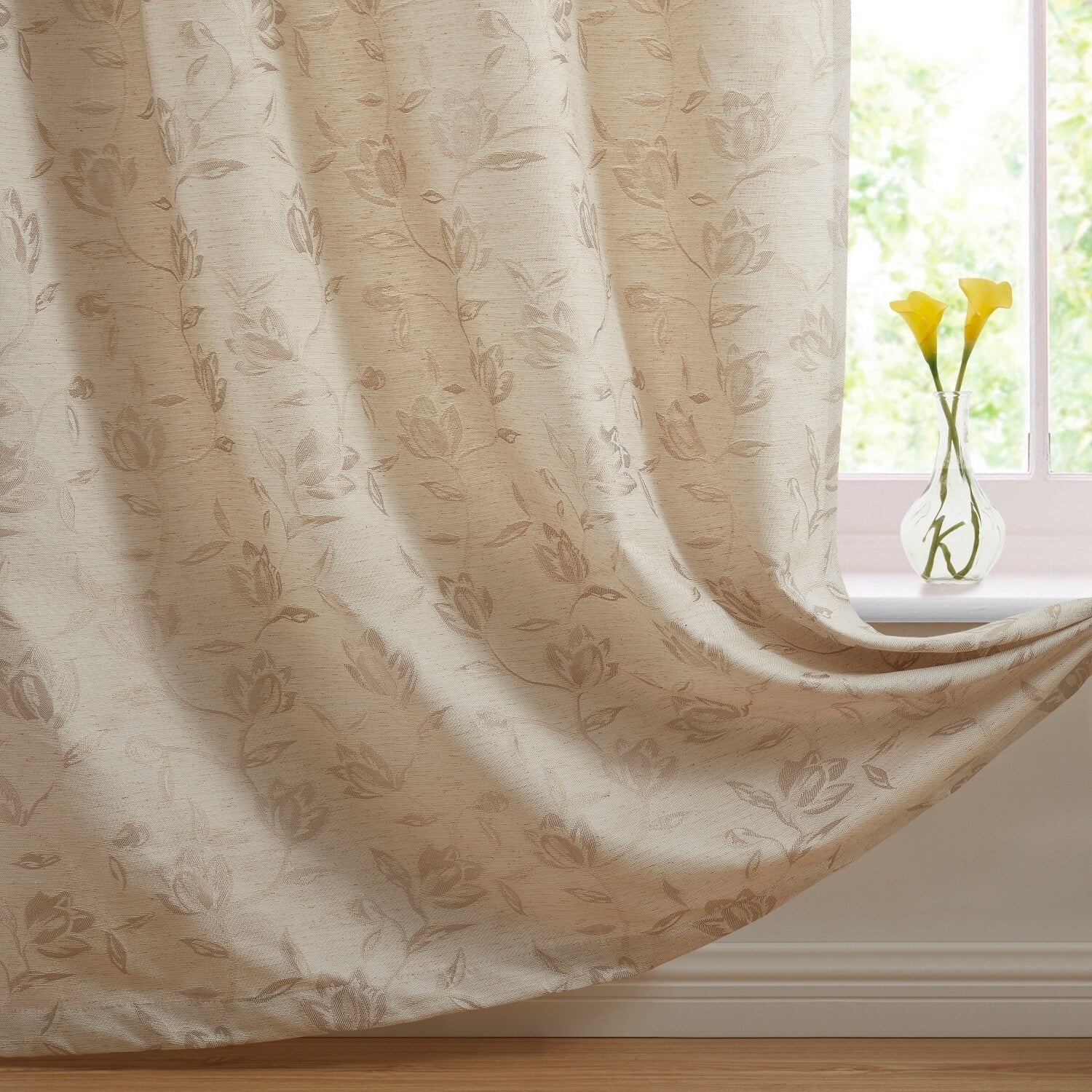 HLC.me Zoey Burlap Flax Linen Floral Jacquard Light Filtering Transparent WindowGrommet Curtain Panels, 2 Panels