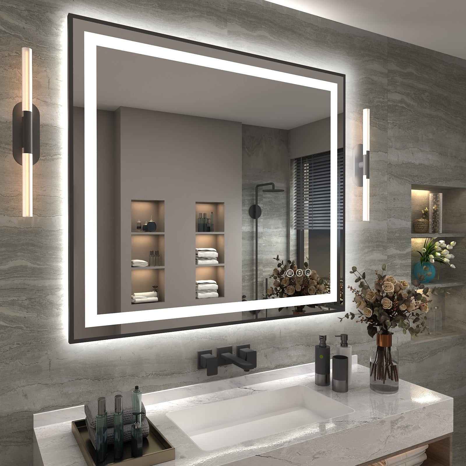 KIOTEE Super Bright Front & Back LED Lighted Anti-Fog Wall Bathroom Vanity Mirror in Tempered Glass