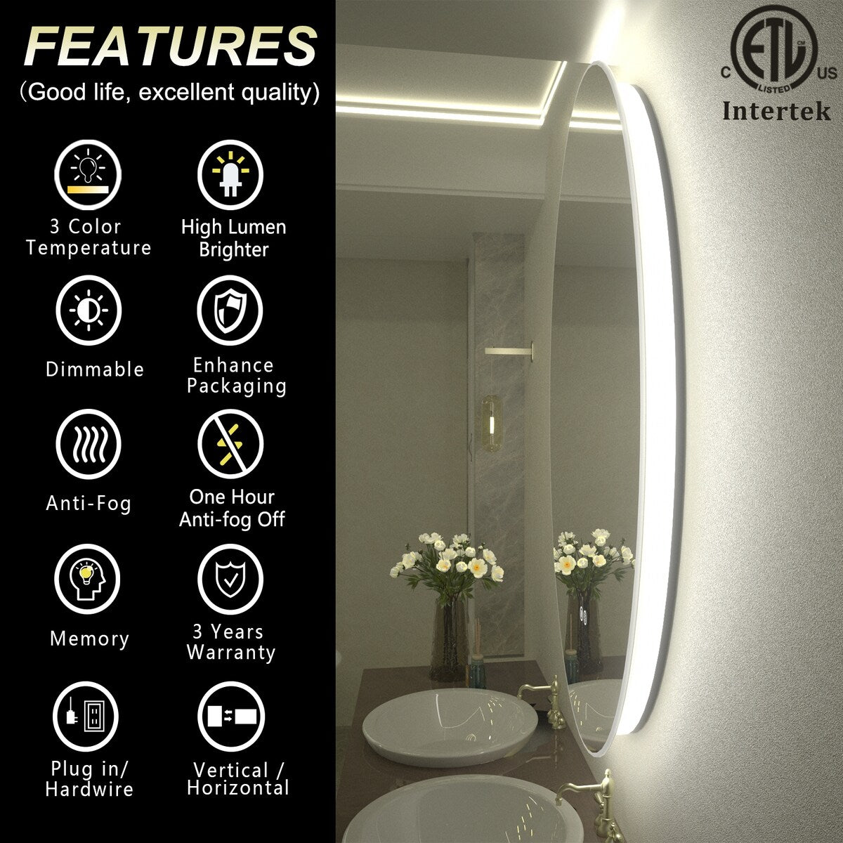 Round Frameless Super Bright LED Backlited Wall Bathroom Vanity Mirror