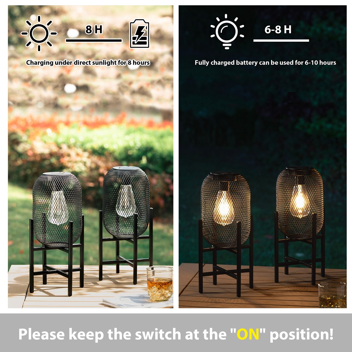 Glitzhome Set of 2 Metal Black Solar Powered Outdoor Lantern with Stand