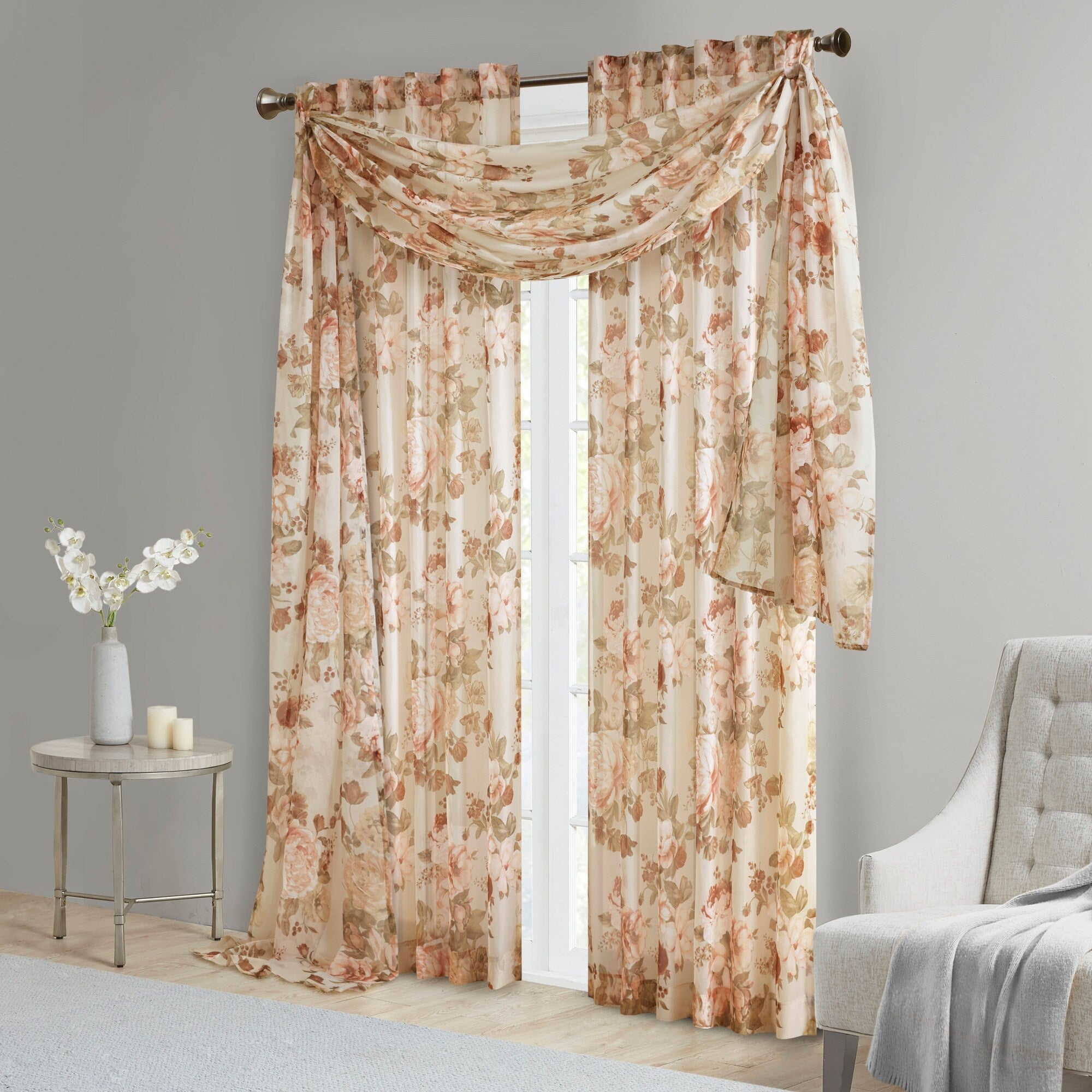 Madison Park Abelia Printed Floral Rod Pocket and Back Tab Voile Sheer Curtain