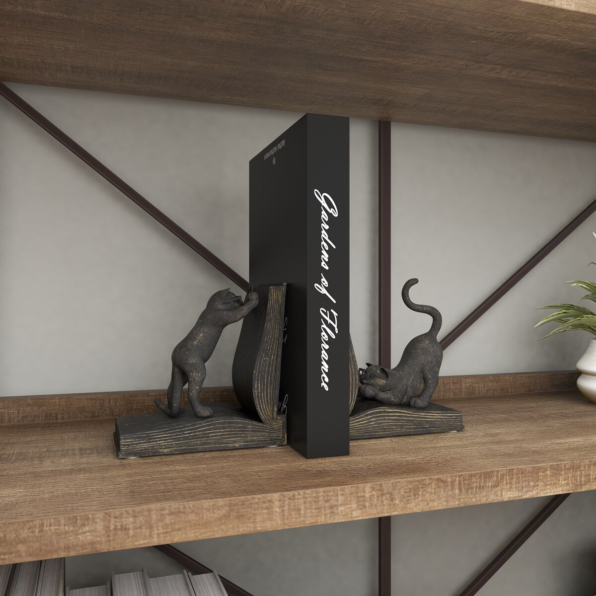 Polystone Cat Reading Decorative Bookends - Set of 2 Black - Roche River Decor