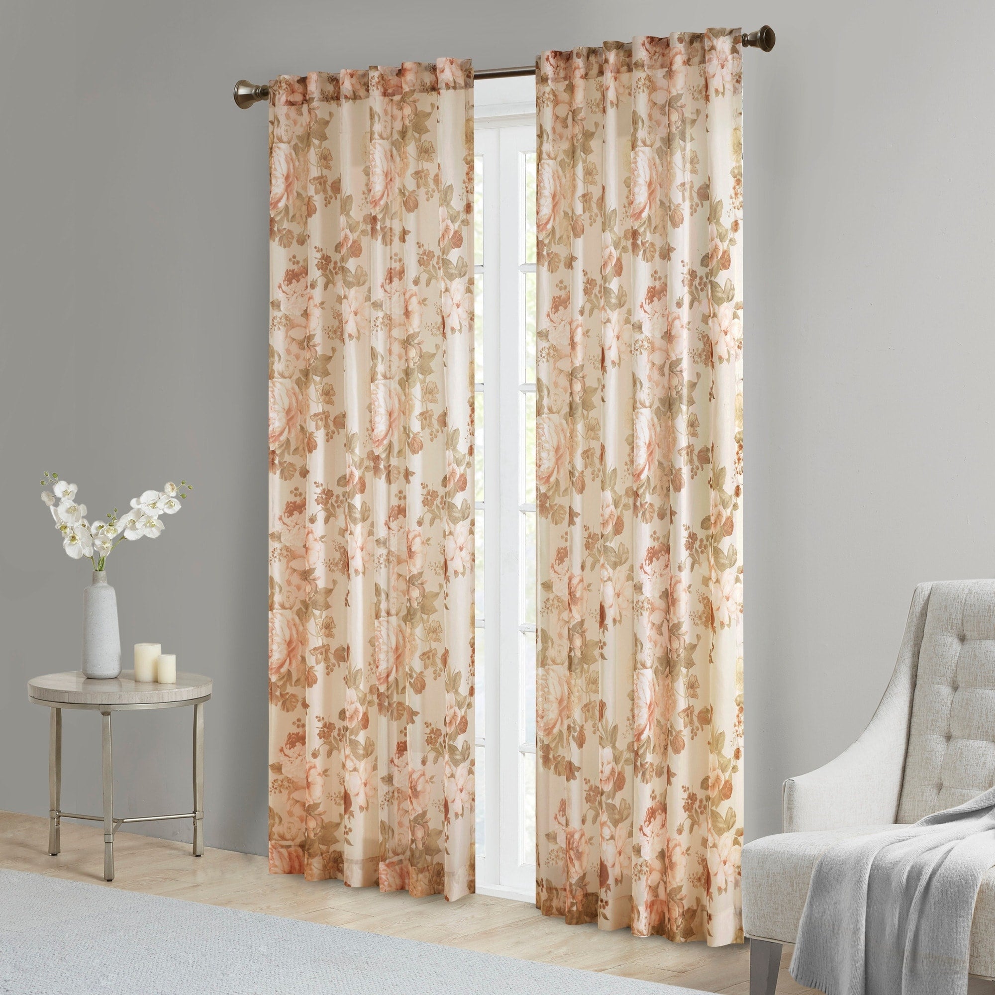 Madison Park Abelia Printed Floral Rod Pocket and Back Tab Voile Sheer Curtain