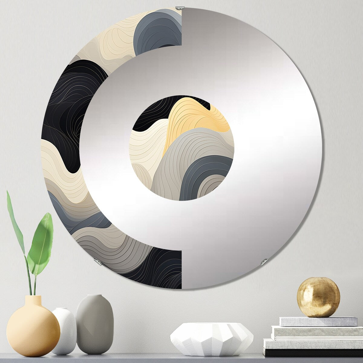 Designart Black and orange Solar storm - Modern Abstract Half Circle Wall Mirror