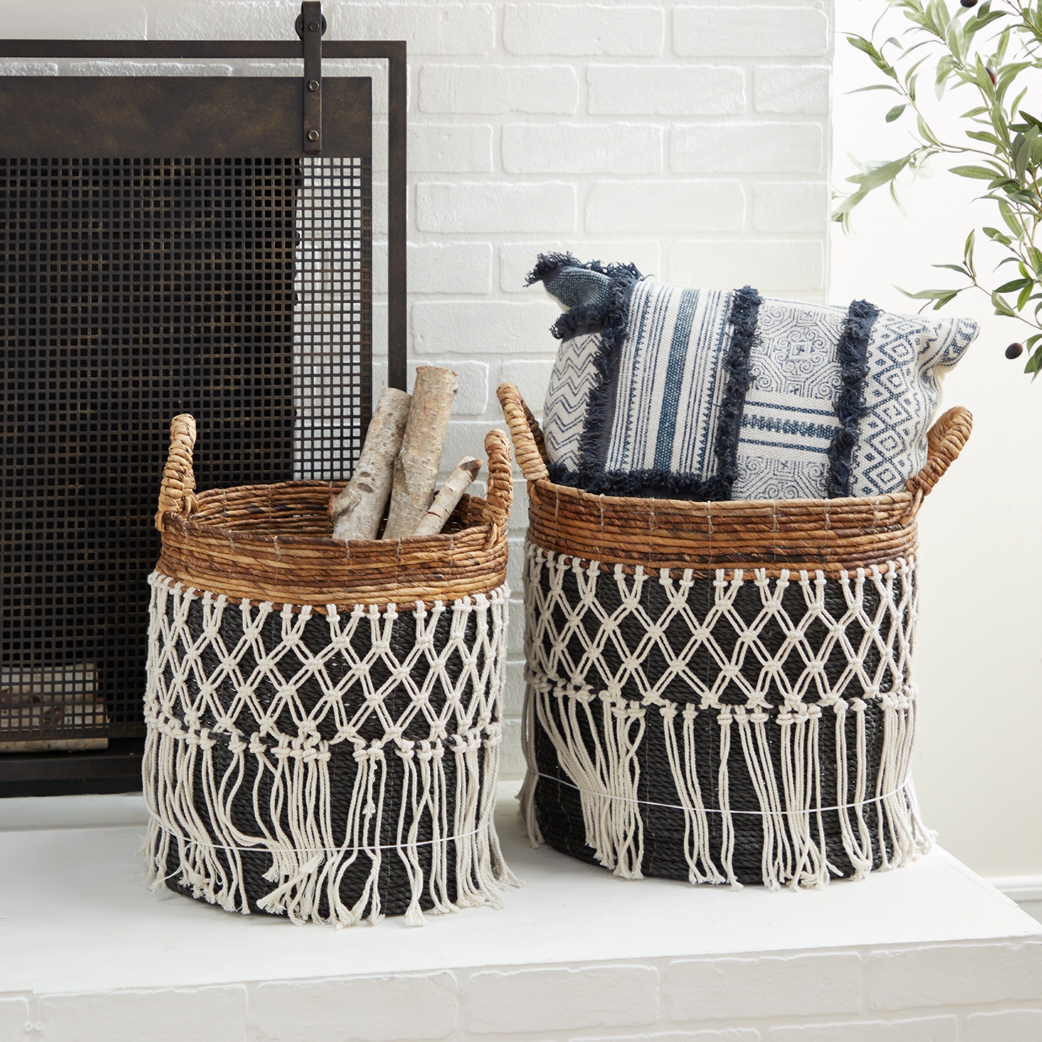 Black Banana Leaf Bohemian Storage Basket (Set of 2) - S/2 19, 18H