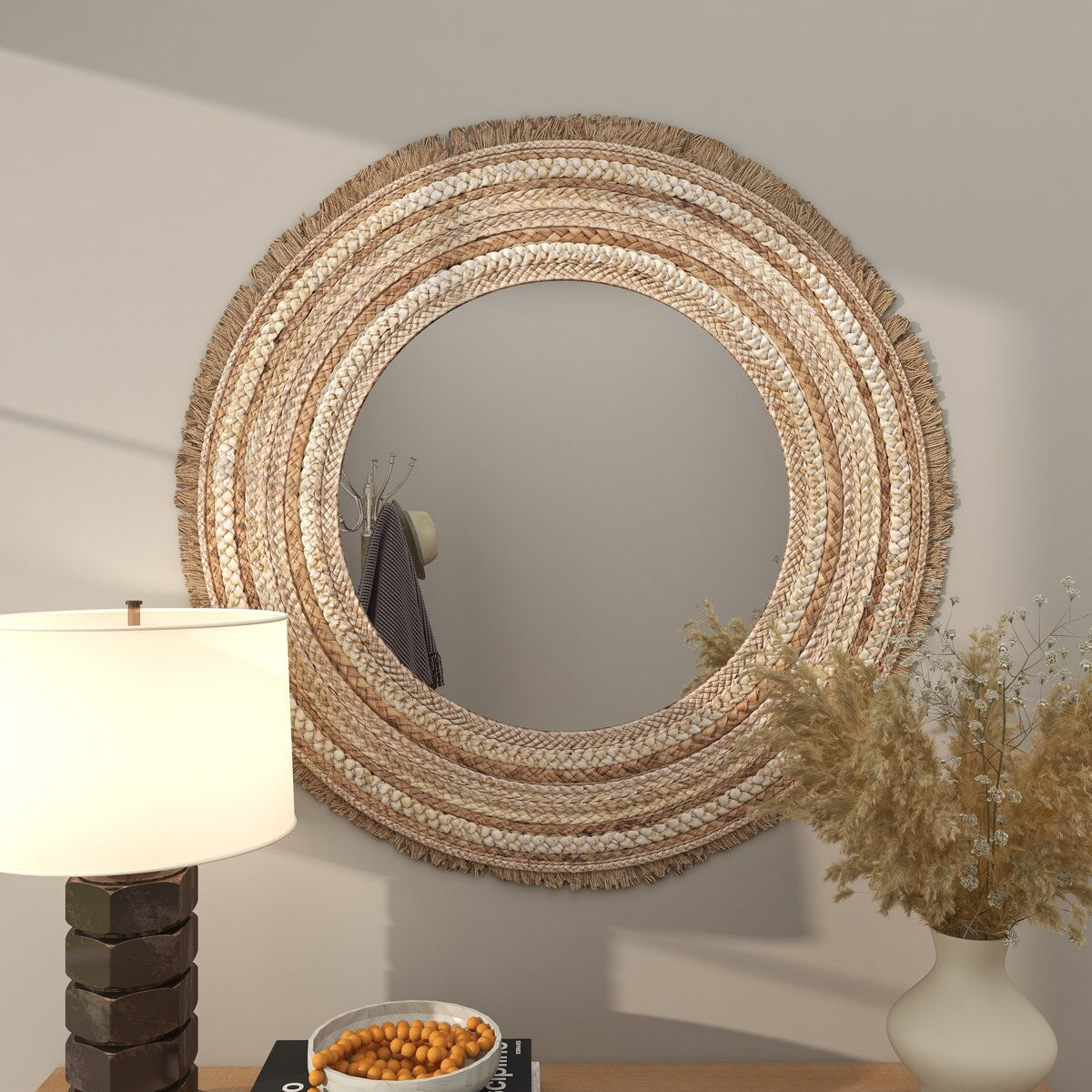 Wooden Woven Room Wall Mirror with Fringe Ends - Beige - Roche River Decor