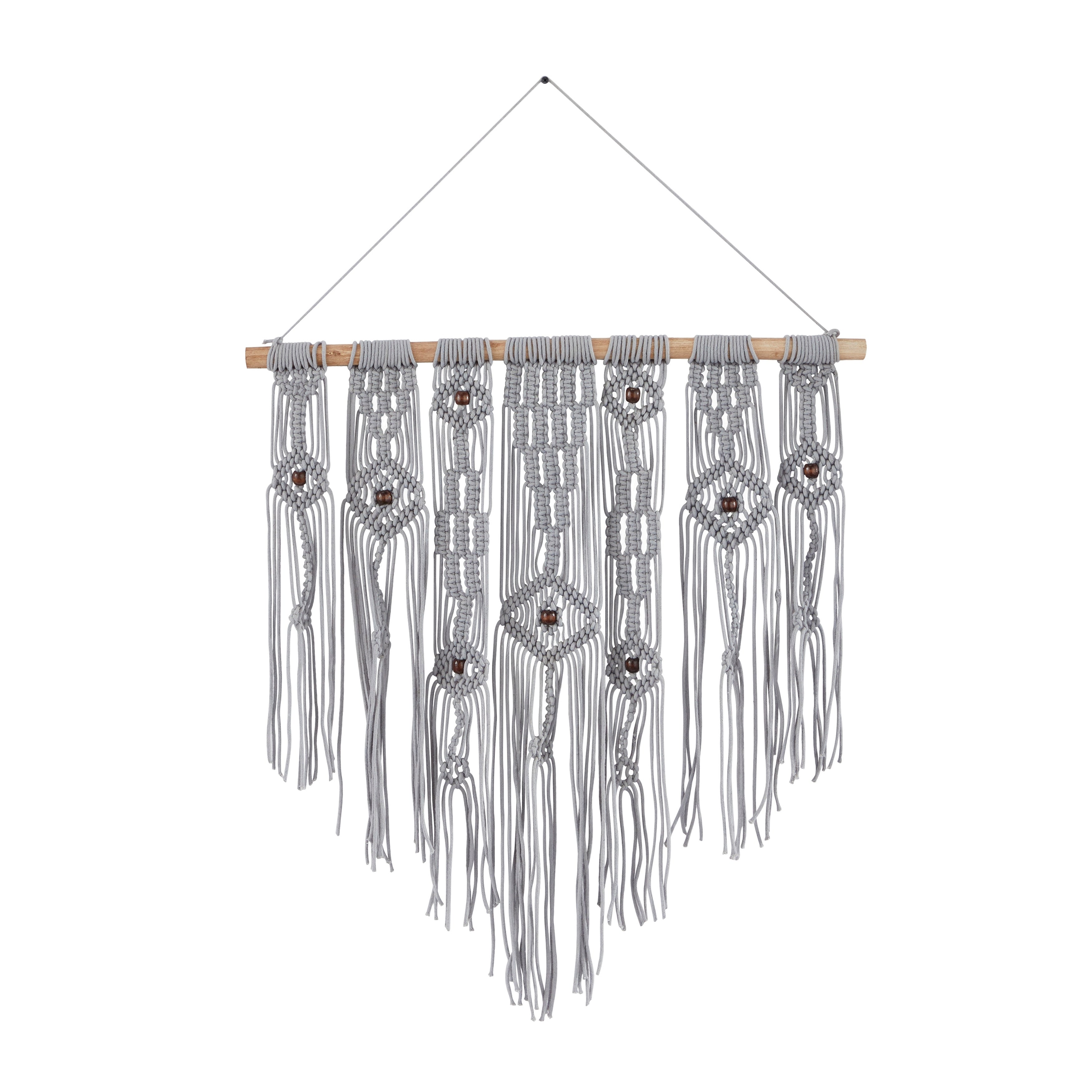 Cotton Handmade Intricately Weaved Macrame Wall Decor with Beaded Fringe Tassels - Gray or Cream