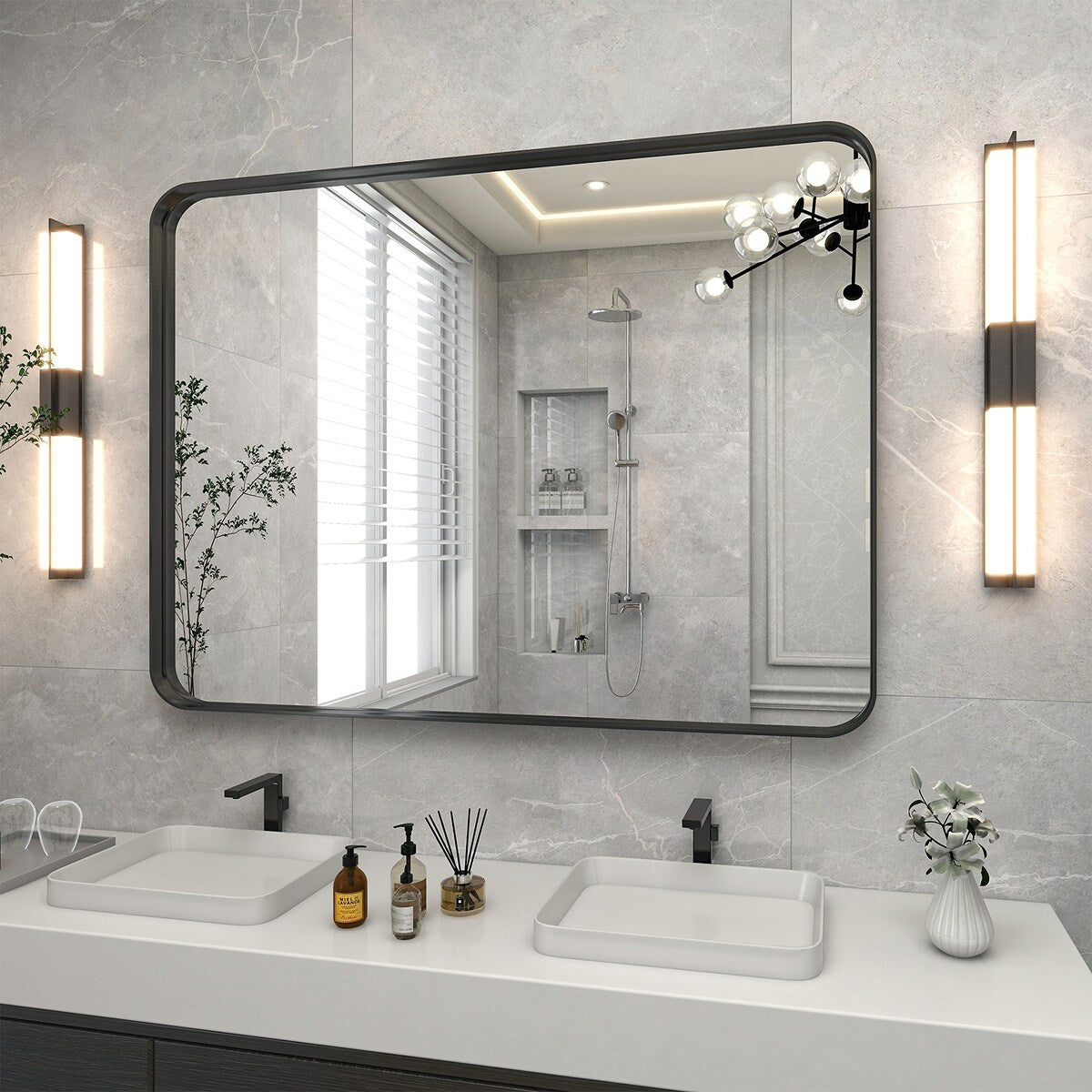 Wide Edge Wall Mirror Rectangle Bathroom Metal Frame Vanity Mirror