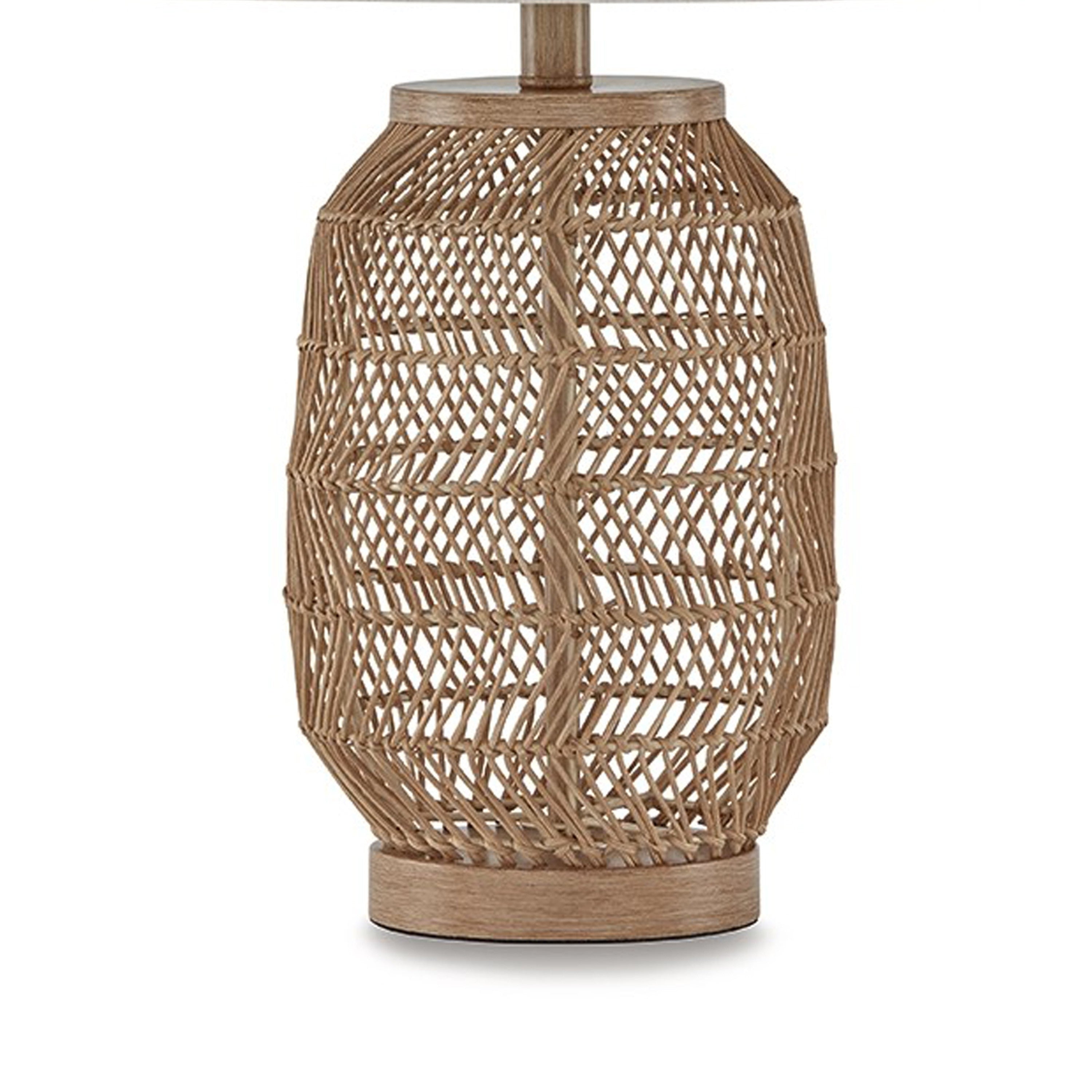 23 Inch Boho Table Lamp Set of 2, White Shade, Beige Rattan Woven Lantern