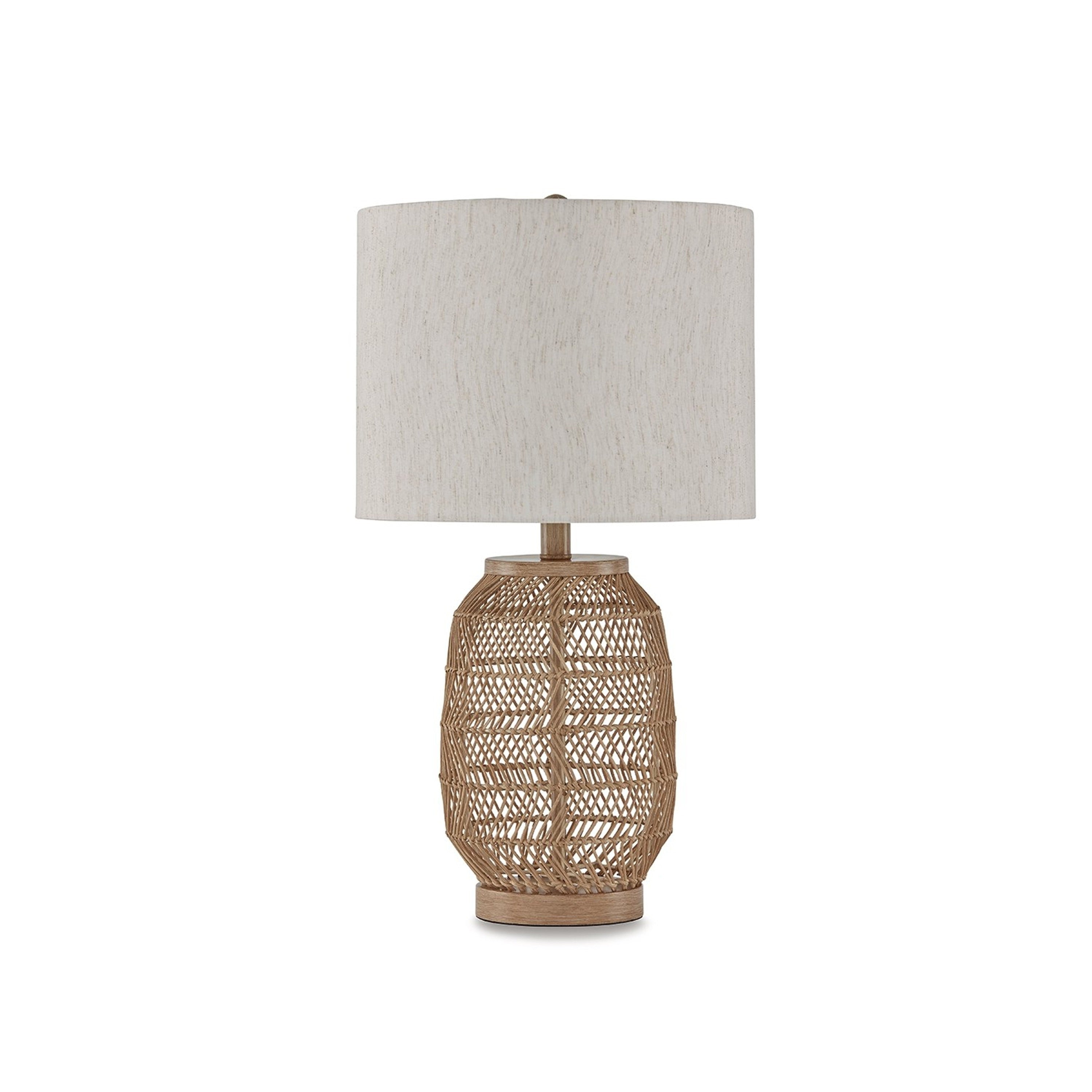 23 Inch Boho Table Lamp Set of 2, White Shade, Beige Rattan Woven Lantern