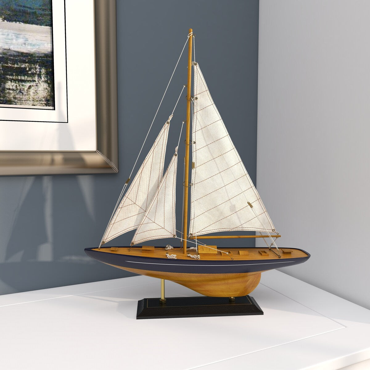 Wood Sail Boat Decorative Sculpture with Beige and Navy Accents and Lifelike Rigging - Brown - Roche River Decor