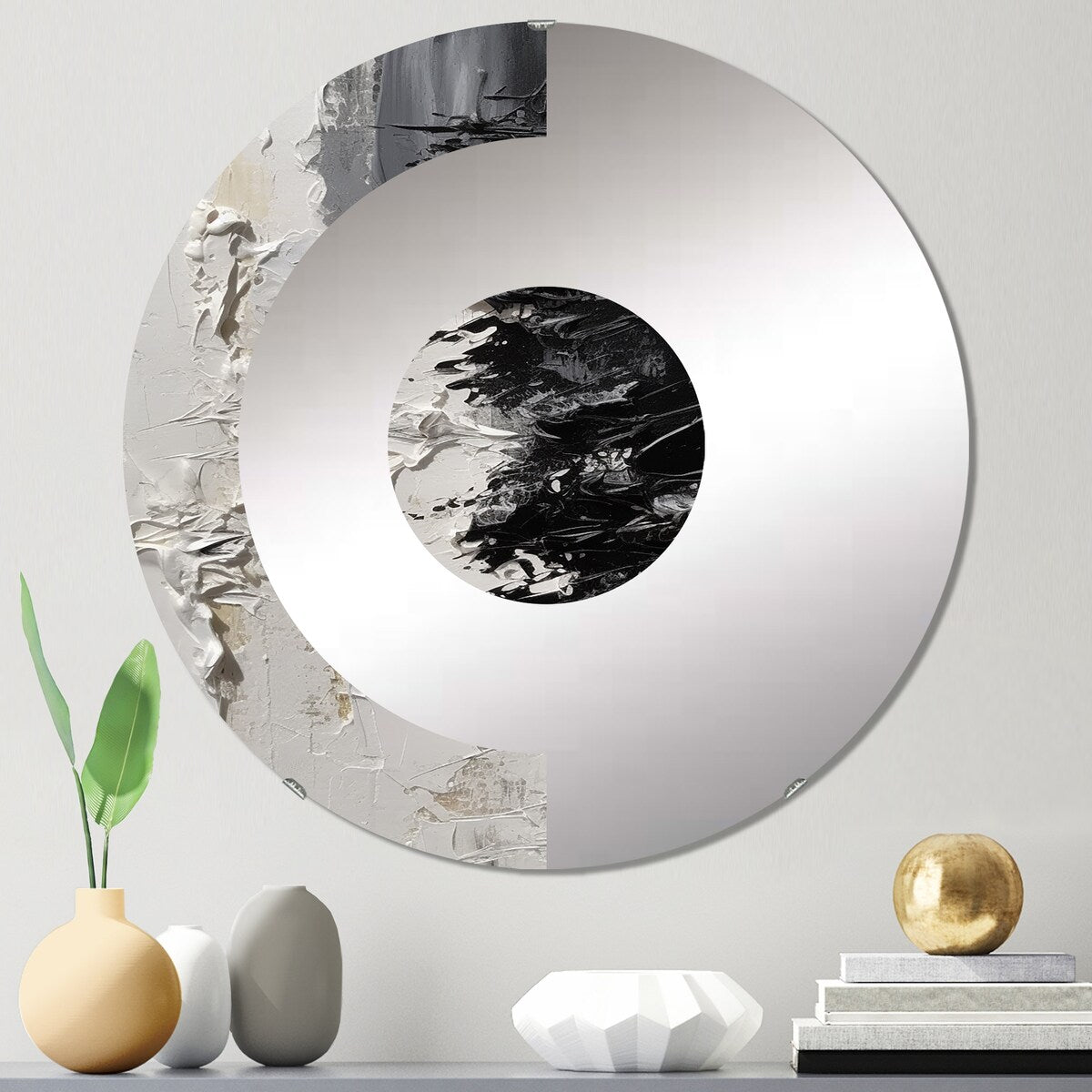 Designart White And Black Tranquility Unleashed II - Modern Abstract Marble Half Circle Wall Mirror