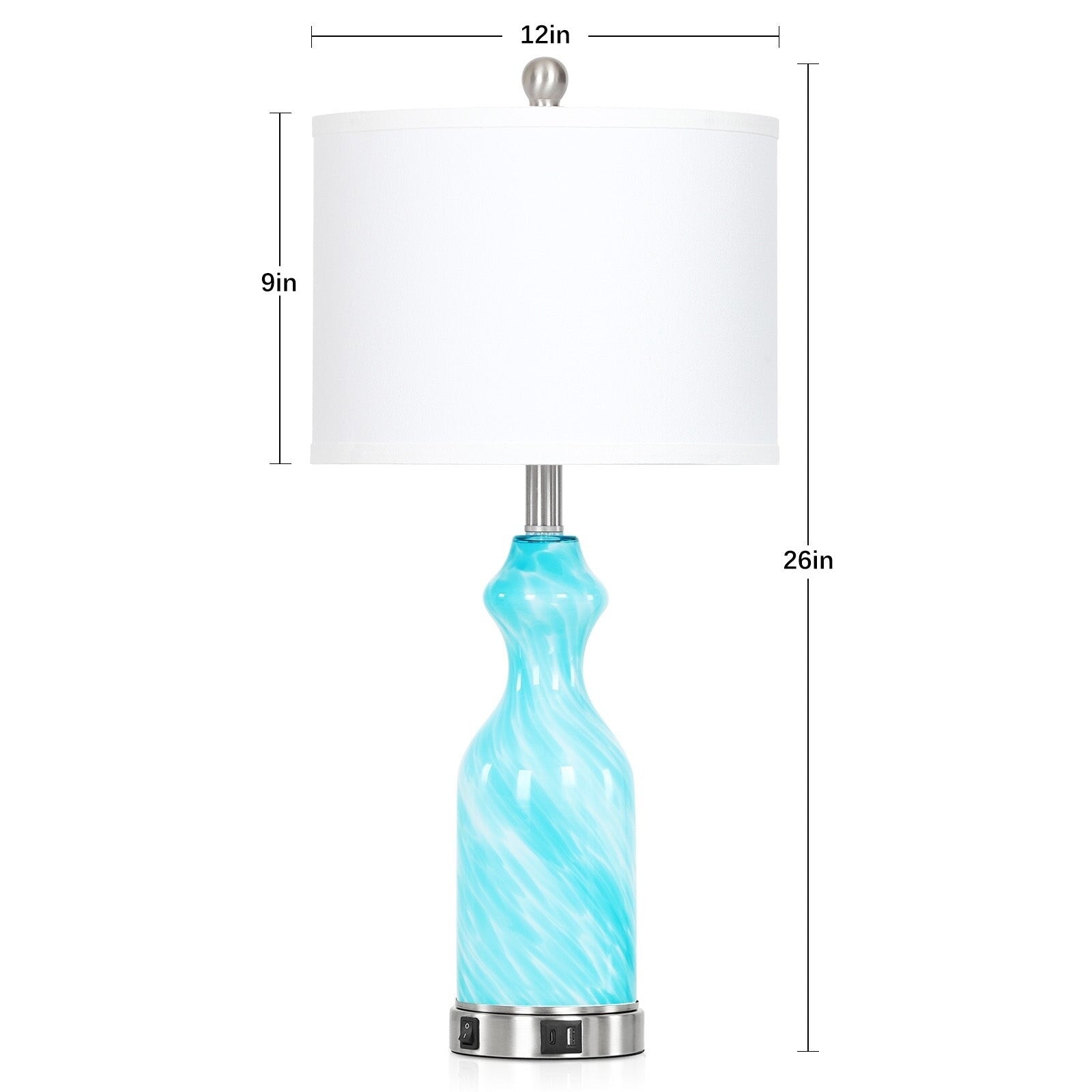 Blue Glass Nightlight Table Lamps 2in1 with USB and type-C Charging Ports (Set of 2) - 12'' x 12'' x 26'' (L x W x H)