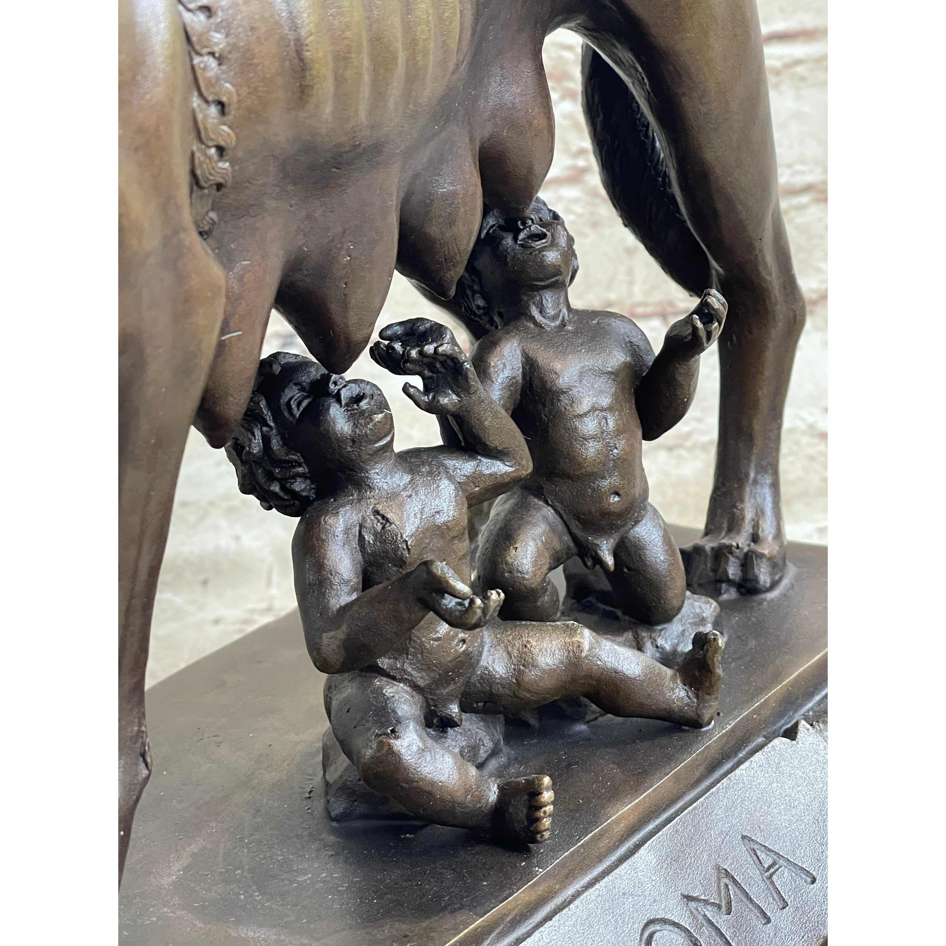 The Capitoline Wolf Romulus Remus Bronze Metal Statue Sculpture On Rose Marble Base 12 Inches X 15 Inches