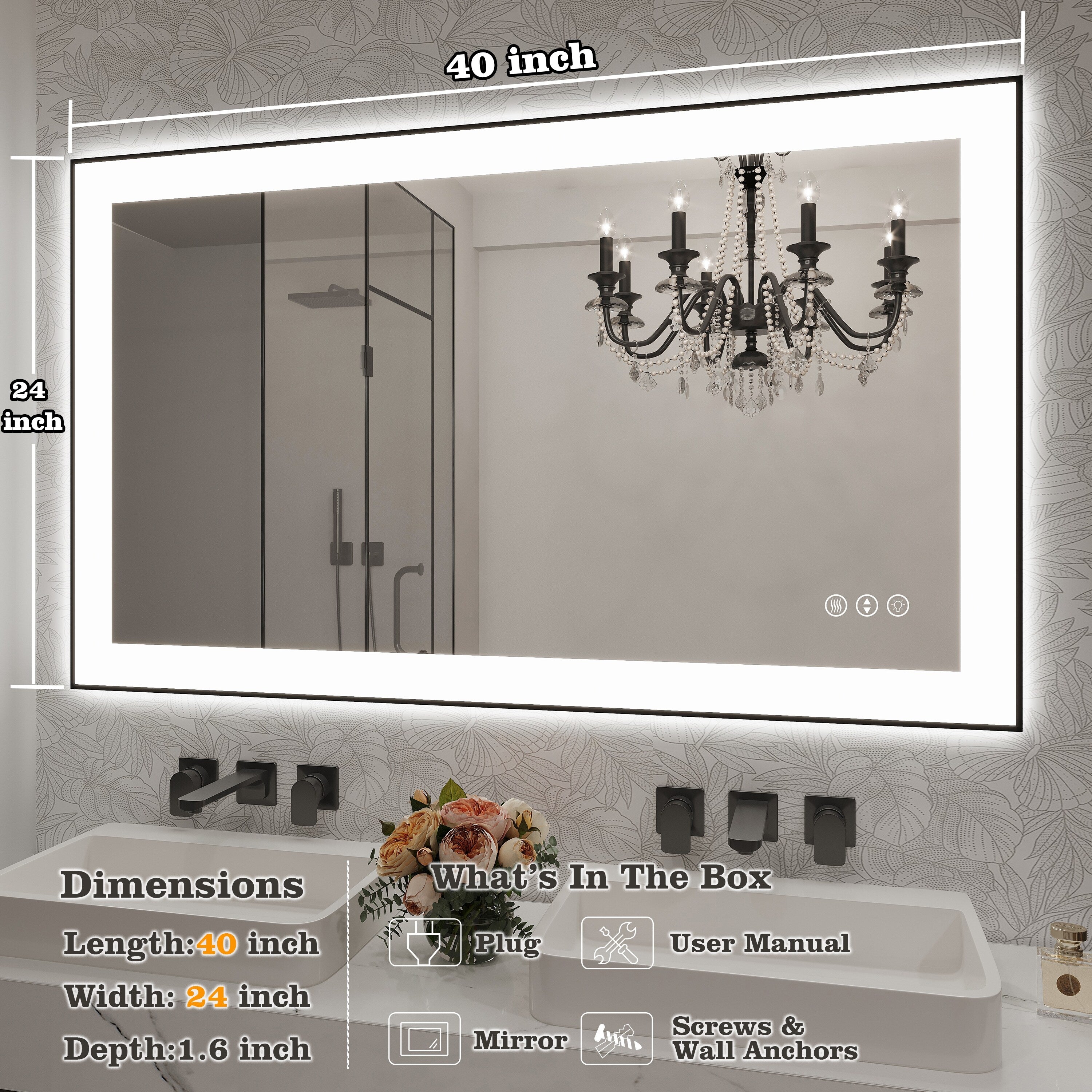 Rectangular Aluminum Framed Backlit and Front Light LED Wall Bathroom Vanity Mirror in Black - N/A