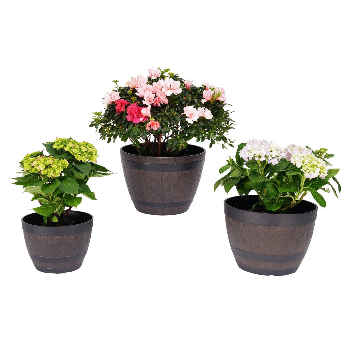 Javlergo (9/11.3/13) 3-Pack Planter, Plastic Whiskey Barrel Planter Decoration Flower Pots with Drainage Holes & Saucer - 13