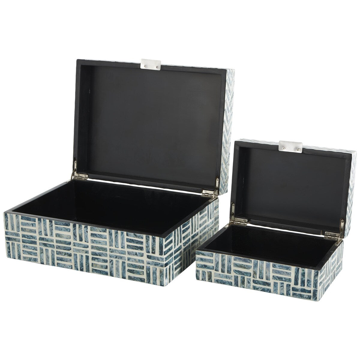 Mother of Pearl Shell Geometric Handmade Mosaic Storage Decorative Box with Cream Underlay - Set of 2 Blue - Roche River Decor