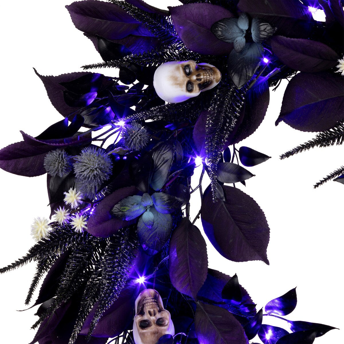 National Tree Company 26 Artificial Floral Mini Skull Wreath, 30 Purple LED Lights, Battery Operated