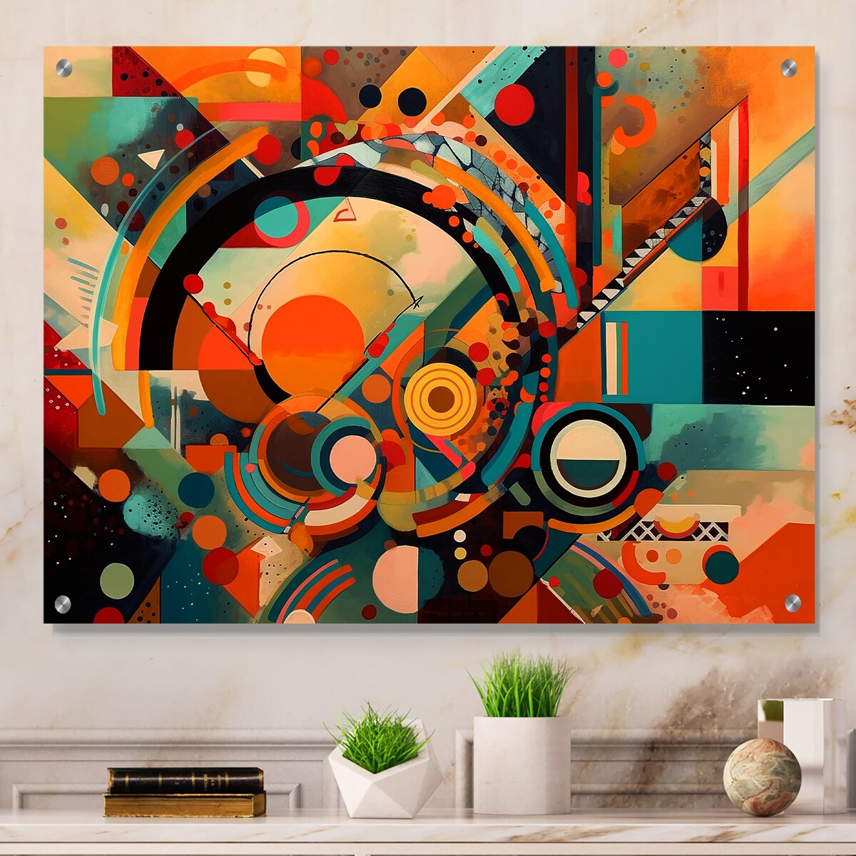 Designart Orange And Blue Geometric Vibrations I Abstract Geometric Orange - Modern Acrylic Wall Art For Dinning Room