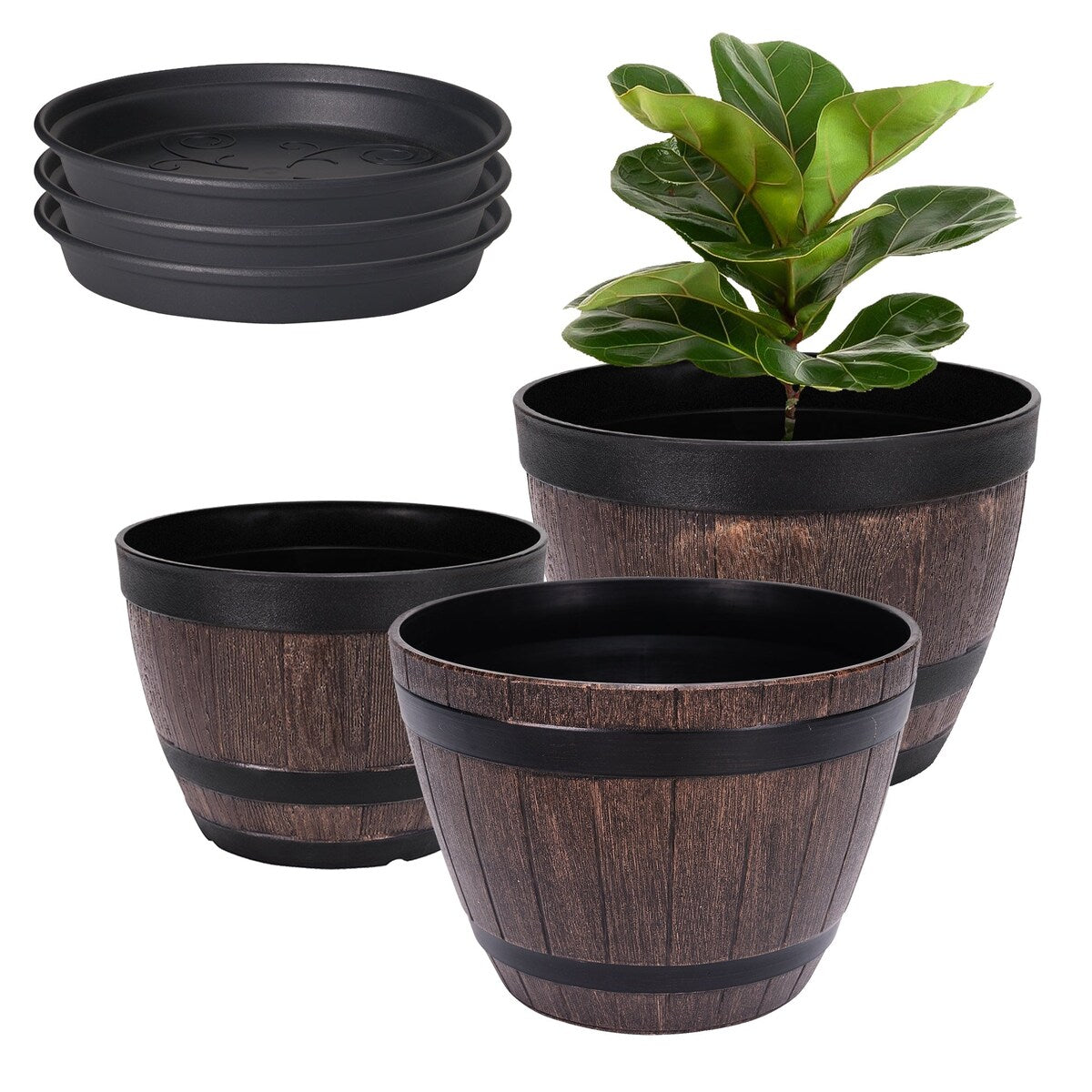 Javlergo (9/11.3/13) 3-Pack Planter, Plastic Whiskey Barrel Planter Decoration Flower Pots with Drainage Holes & Saucer - 13