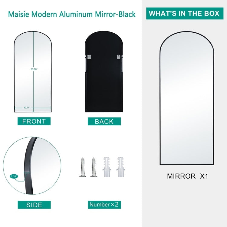 Mabel Arched Aluminum Mirror Full Length Mirror Free Standing Leaning/ Mirror Aluminum Frame for Modern Living 71x 31