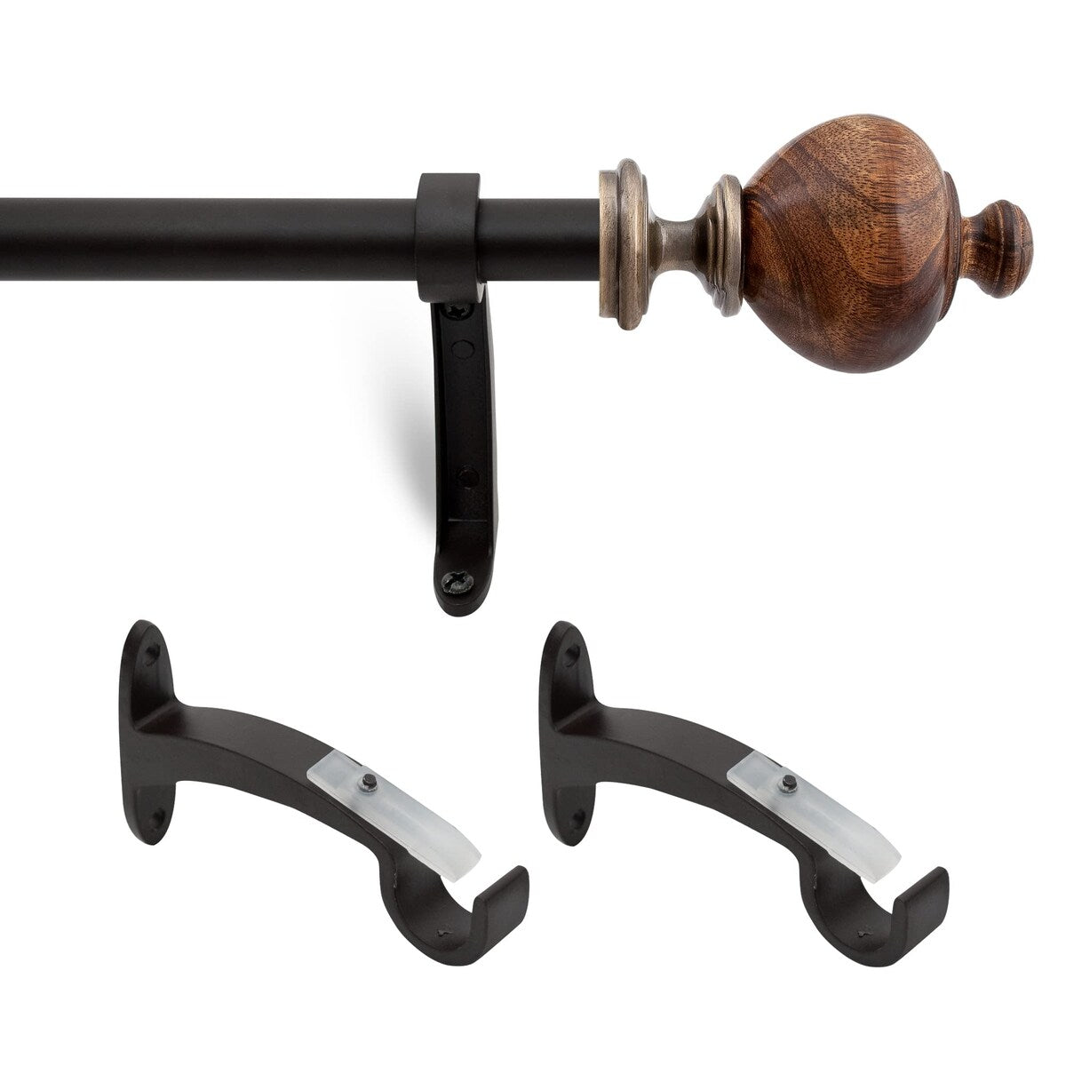 Deco Window Brown adjustable Curtain Rod with Wooden Finials & Bracket