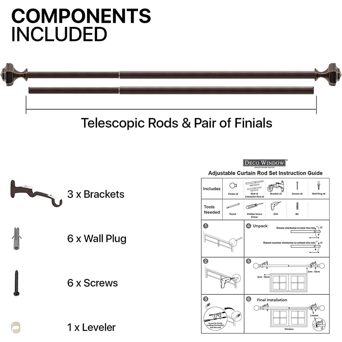 Deco window 3/4 Inch Adjustable Antique Copper Curtain Rod for Windows & Door with Hexagon Finials & Brackets Set