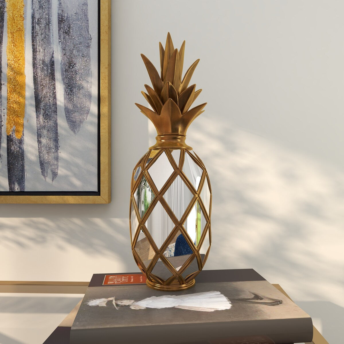 Polystone Fruit Pineapple Decorative Sculpture with Mirror Accents - Gold - Roche River Decor