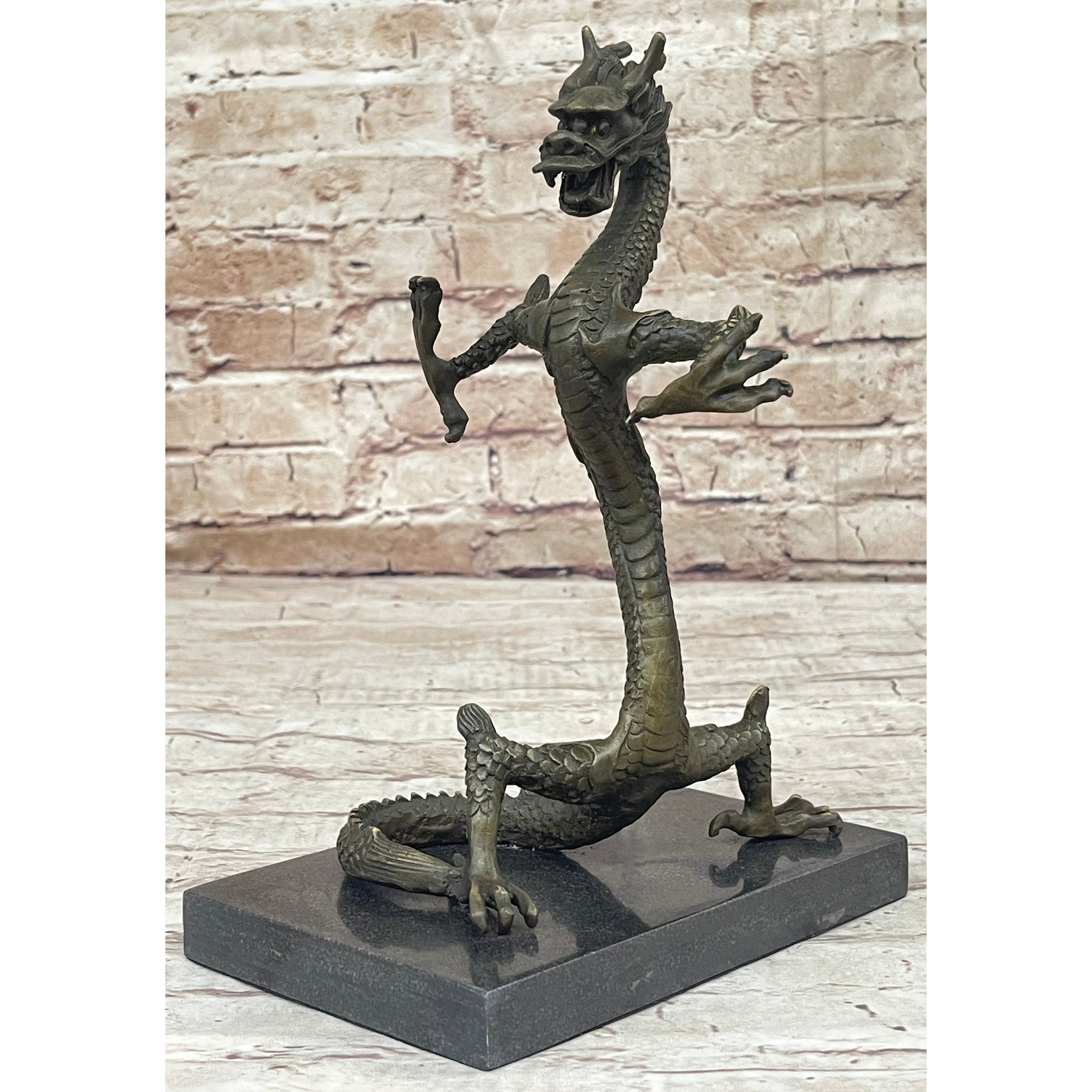 Skinny Chinese Dragon Bronze Sculpture Statue Figure On Marble Base