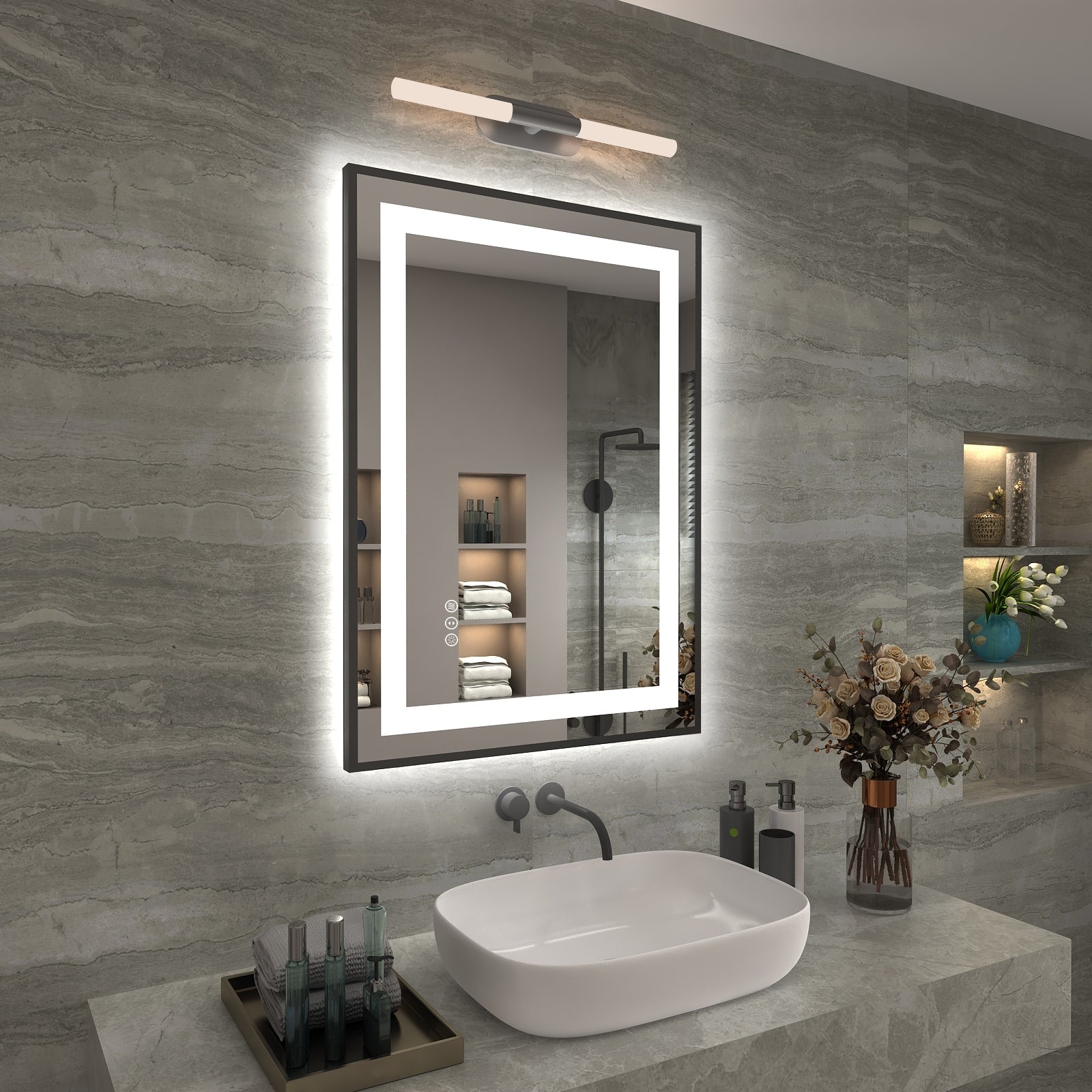 KIOTEE Super Bright Front & Back LED Lighted Anti-Fog Wall Bathroom Vanity Mirror in Tempered Glass