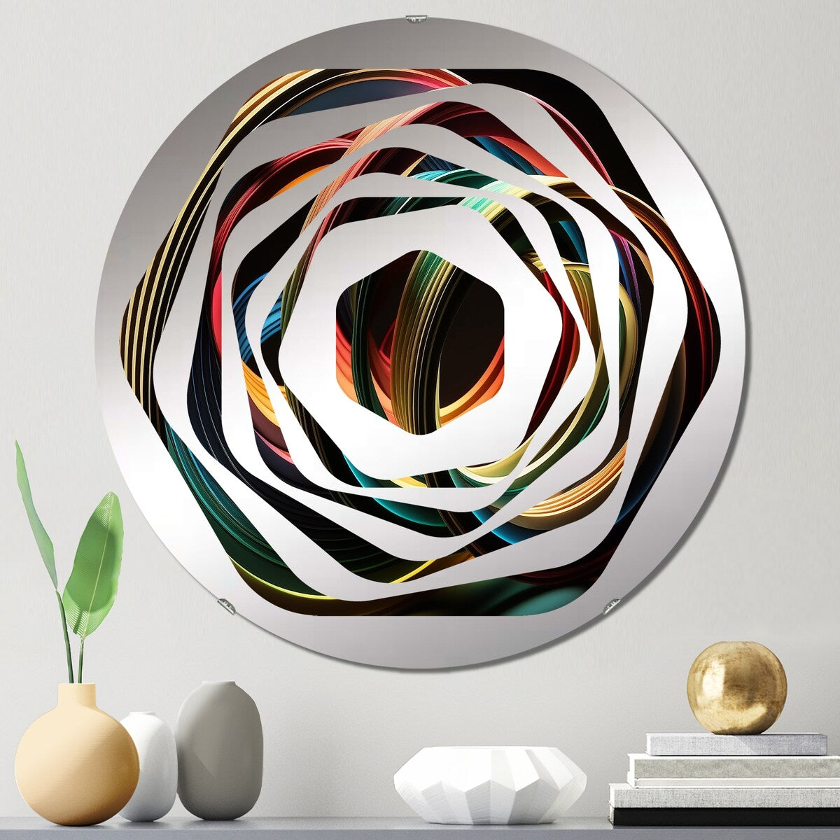 Designart Neon Rainbow 3D Object I - Modern Abstract Spirals Amorphe Decorative Mirror