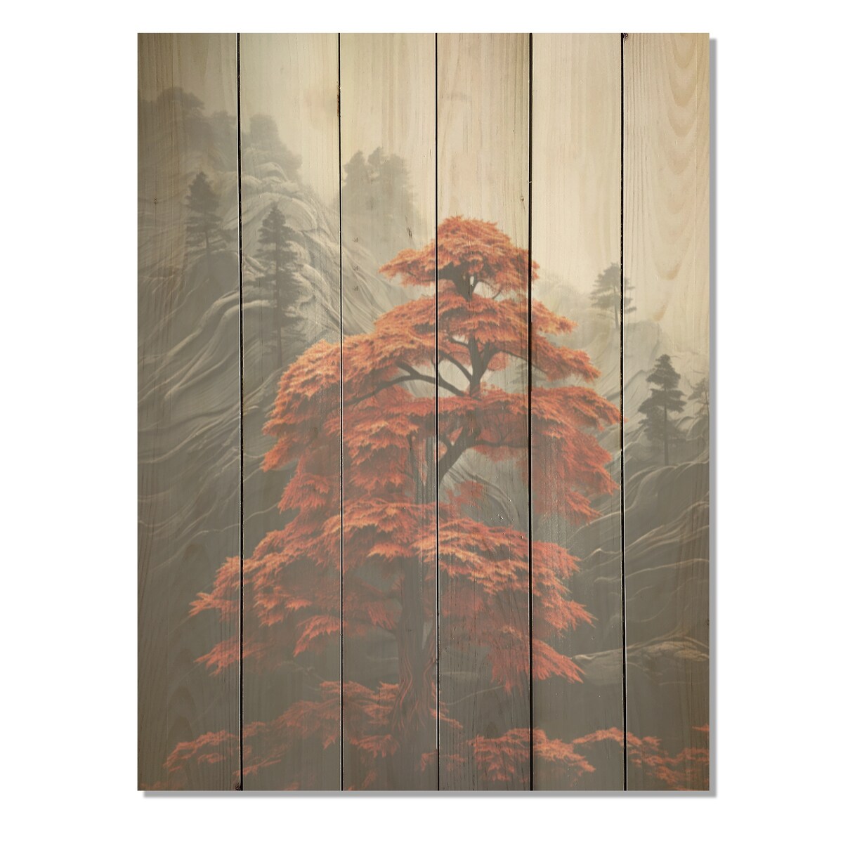 Designart Redwood Solitude In Monochrome Forest Tree Redwood Wood Wall Decor - Red Wood Panel On Natural Pine Wood