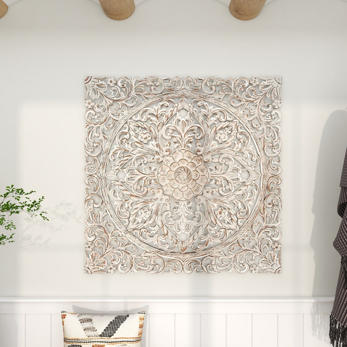 Wood Floral Handmade Intricately Carved Mandala Home Wall Decor with Brown Distressing - White - Roche River Decor